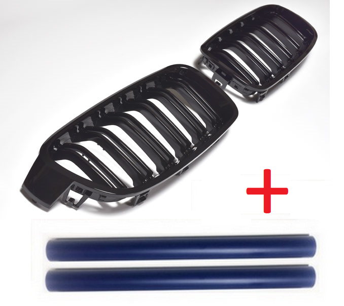 Kühlergrill Sportgrill Grill Gitter Schwarz Glanz + Grill Streben in BLAU für BMW 3er F30 / F31 ab 2011-2019
