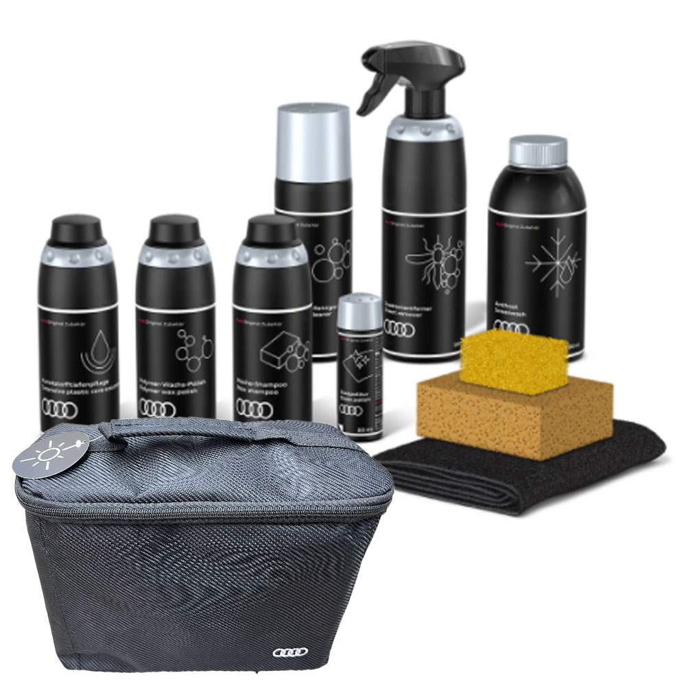 Original Audi Winter Pflegemittel Tasche Felgenreiniger Wachs Shampoo Glaspolitur Kunststoff Antifrost Pflege Mikrofasertuch Schwamm