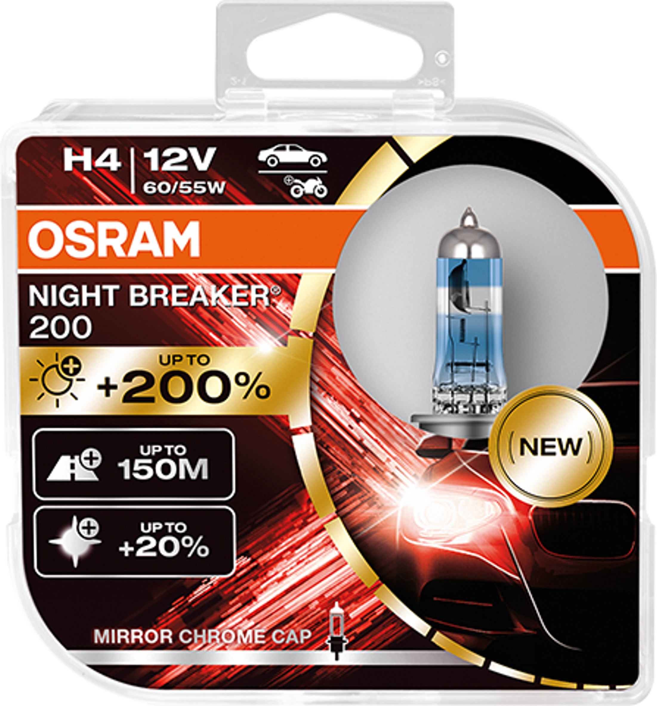 2 Stück OSRAM NIGHT BREAKER 200 +200% Lampen Birnen für Scheinwerfer / Fassung H4 / VERCHROMTE LAMPENSPITZEN