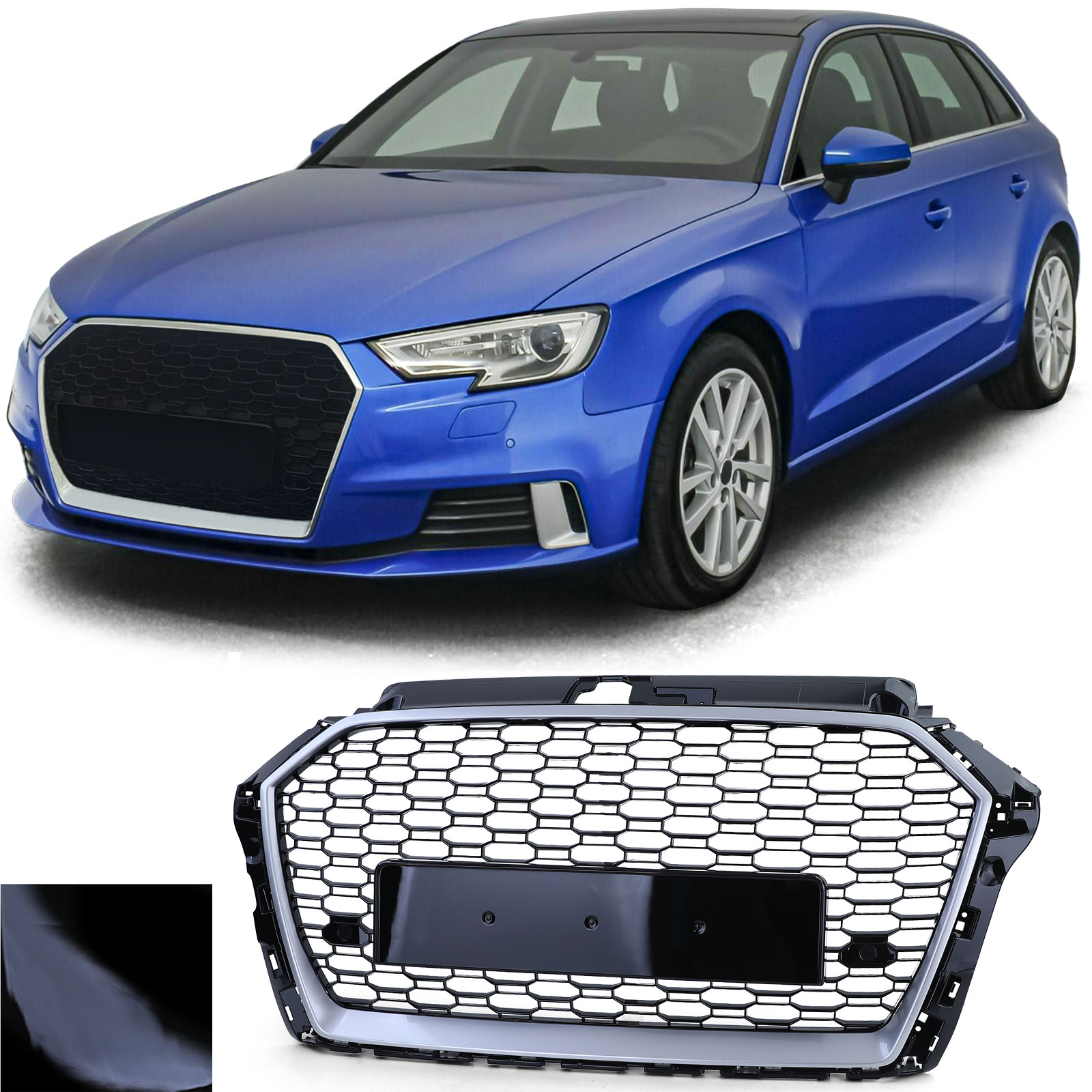 Kühlergrill Sportgrill Wabengrill Grill in Schwarz Glanz + Rahmen Silber für Audi A3 8V Facelift ab 2016-2020
