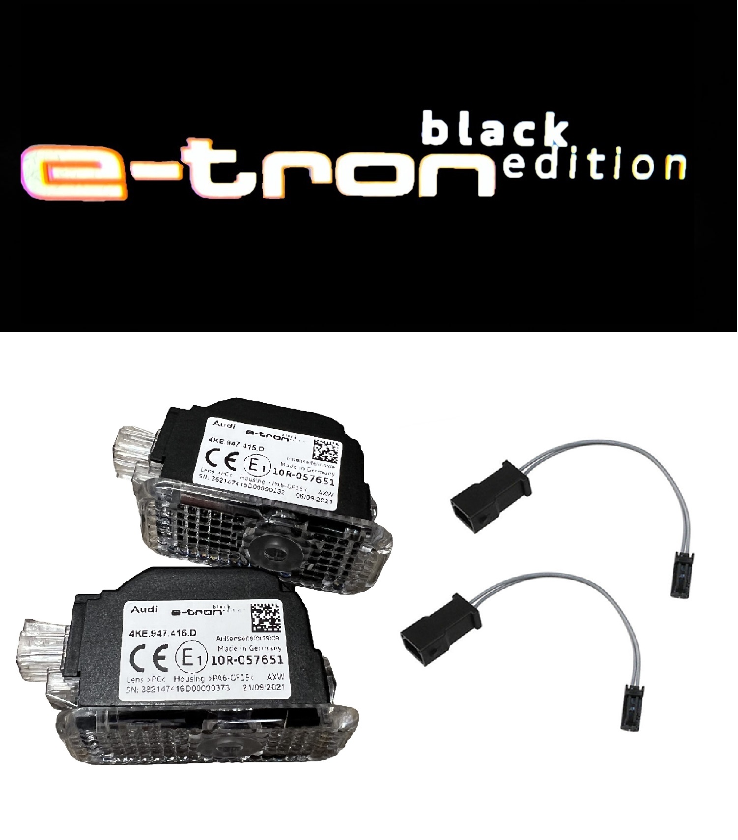 Original Audi 'e-tron black edition' LED Einstiegsbeleuchtung Logo Türe Projektor SET Links + Rechts inklusive Adapter SET 4KE947415D + 4KE947416D für Audi