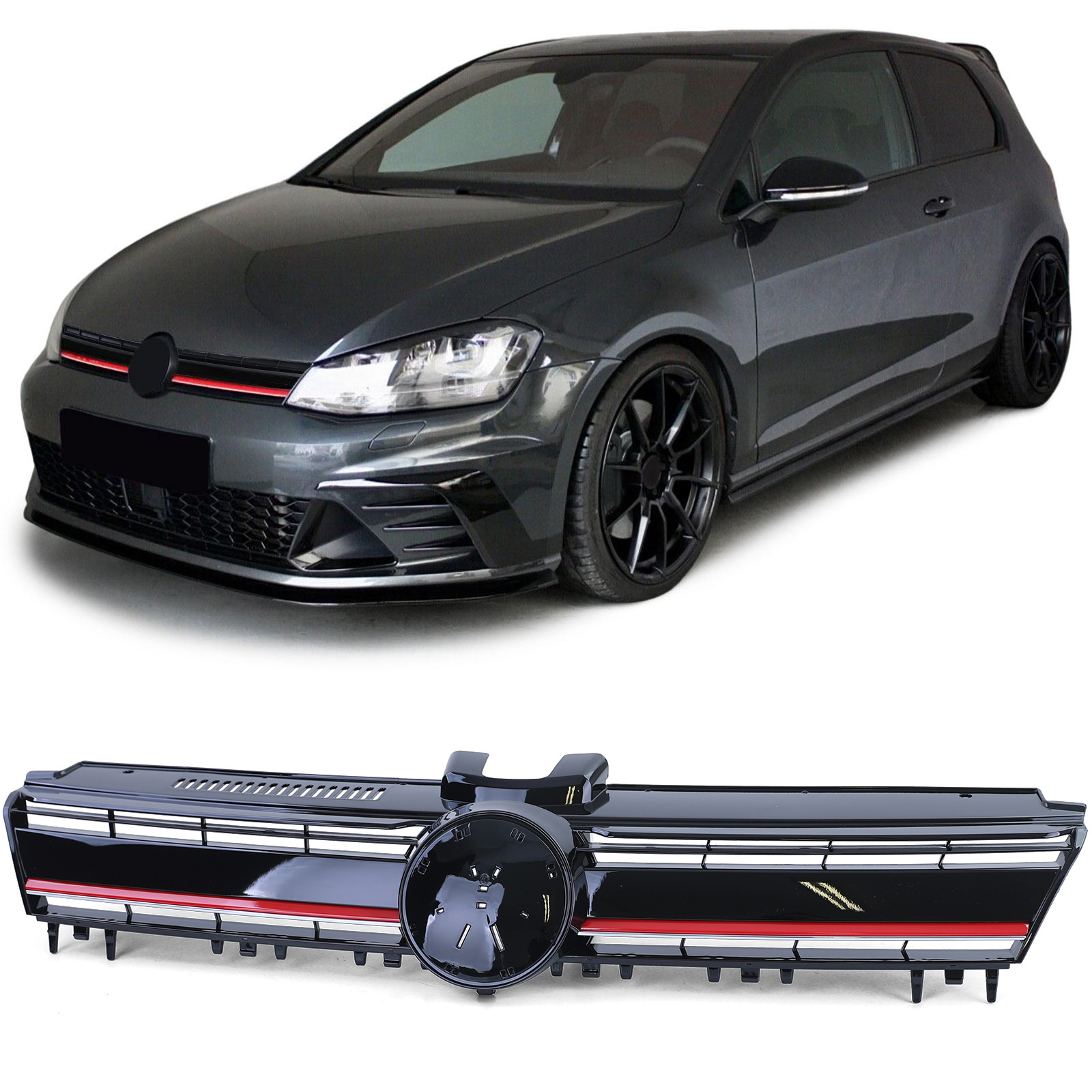 Kühlergrill Sportgrill Grill in Schwarz Glanz mit roter Leiste für VW Golf 7 ab 12-17