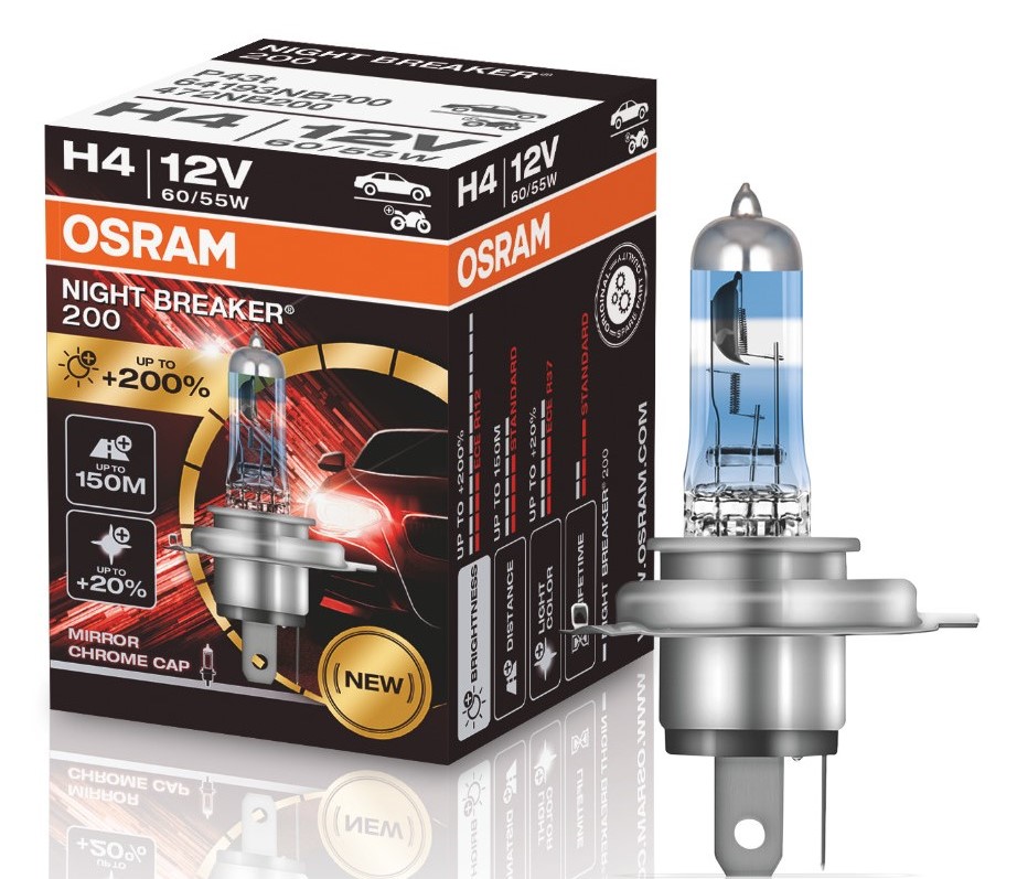 1 Stück OSRAM NIGHT BREAKER 200 +200% Lampen Birnen für Scheinwerfer / Fassung H4 / VERCHROMTE LAMPENSPITZEN