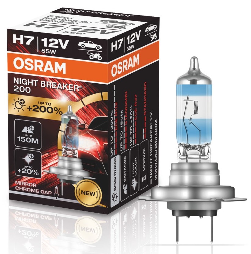 1 Stück OSRAM NIGHT BREAKER 200 +200% Lampen Birnen für Scheinwerfer / Fassung H7 / VERCHROMTE LAMPENSPITZEN