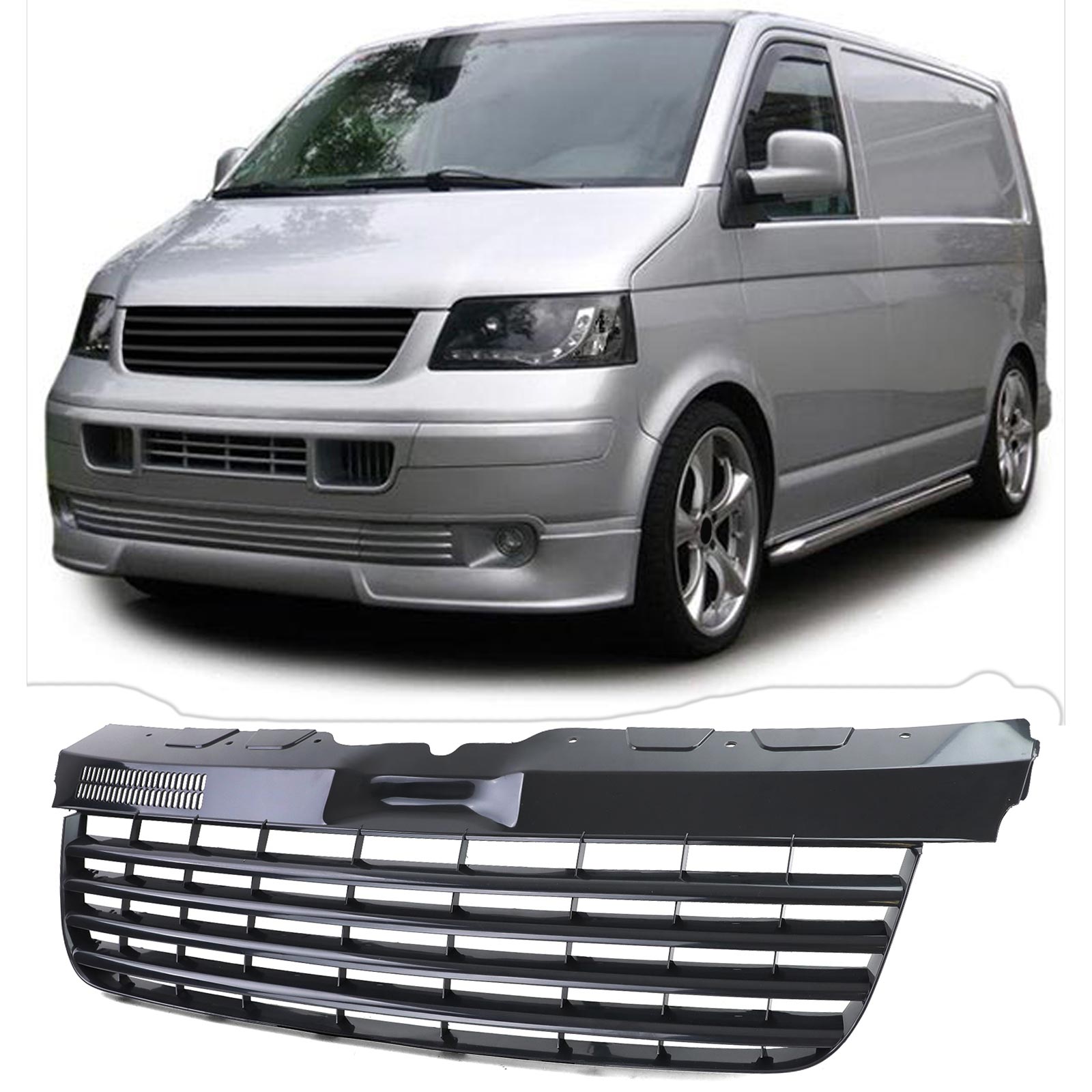 Kühlergrill Sportgrill Grill SCHWARZ GLANZ ohne Emblem für VW T5 ab 2003-2009