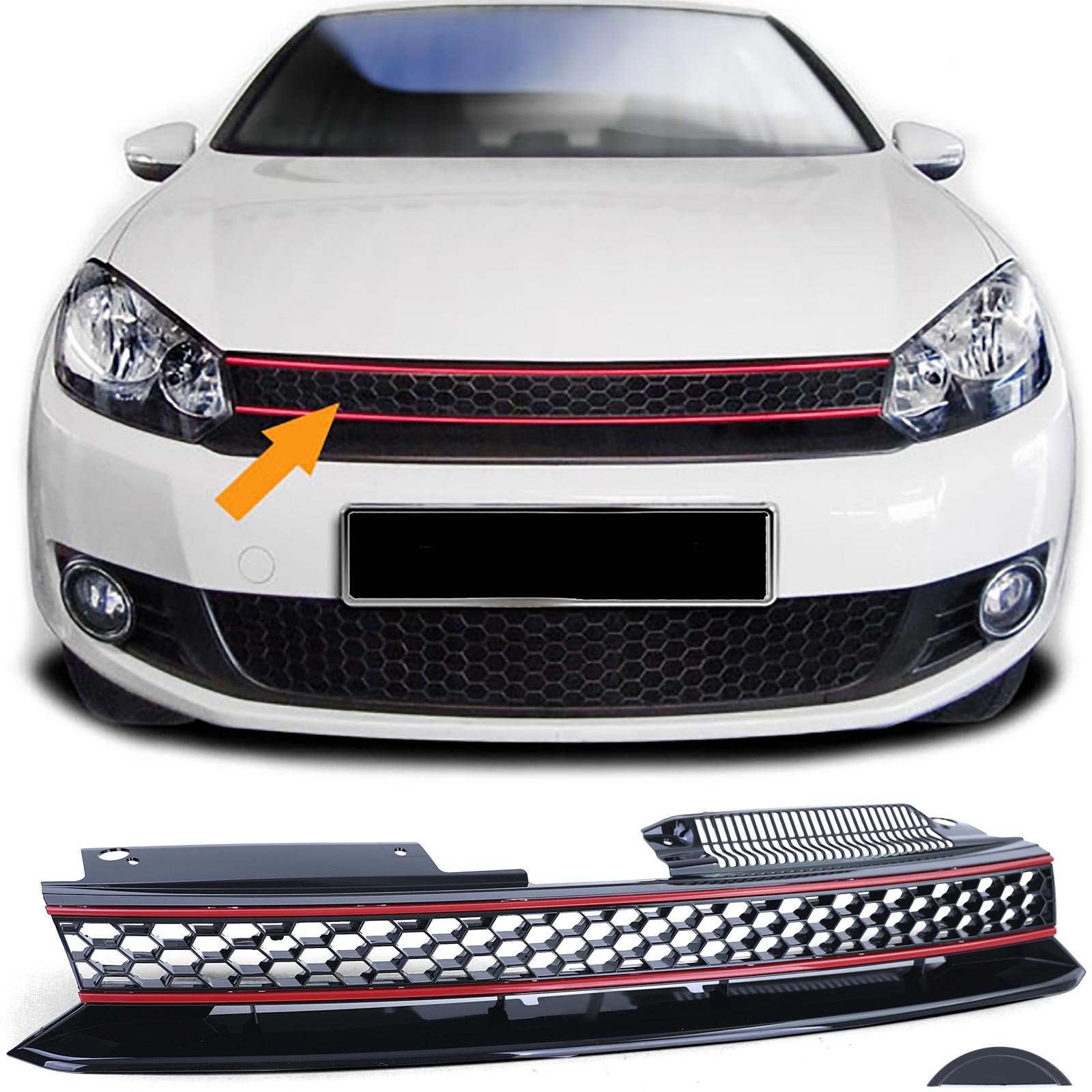 Kühlergrill Sportgrill Grill mit roter Leiste in Schwarz Glanz für VW Golf 6 VI auch GTI 08-13