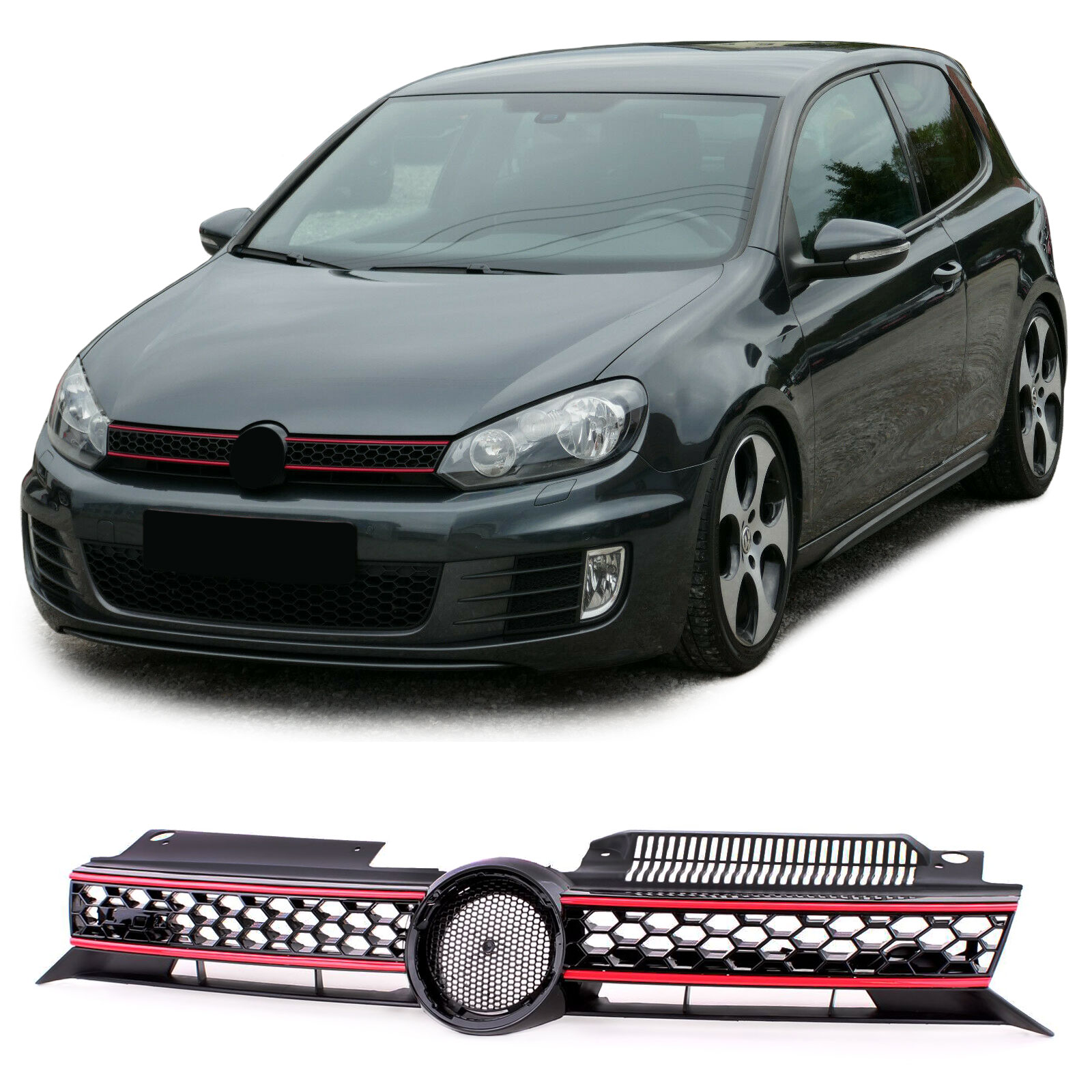 Kühlergrill Sportgrill Grill mit roter Leiste in Schwarz Glanz für VW Golf 6 VI + GTI 08-13