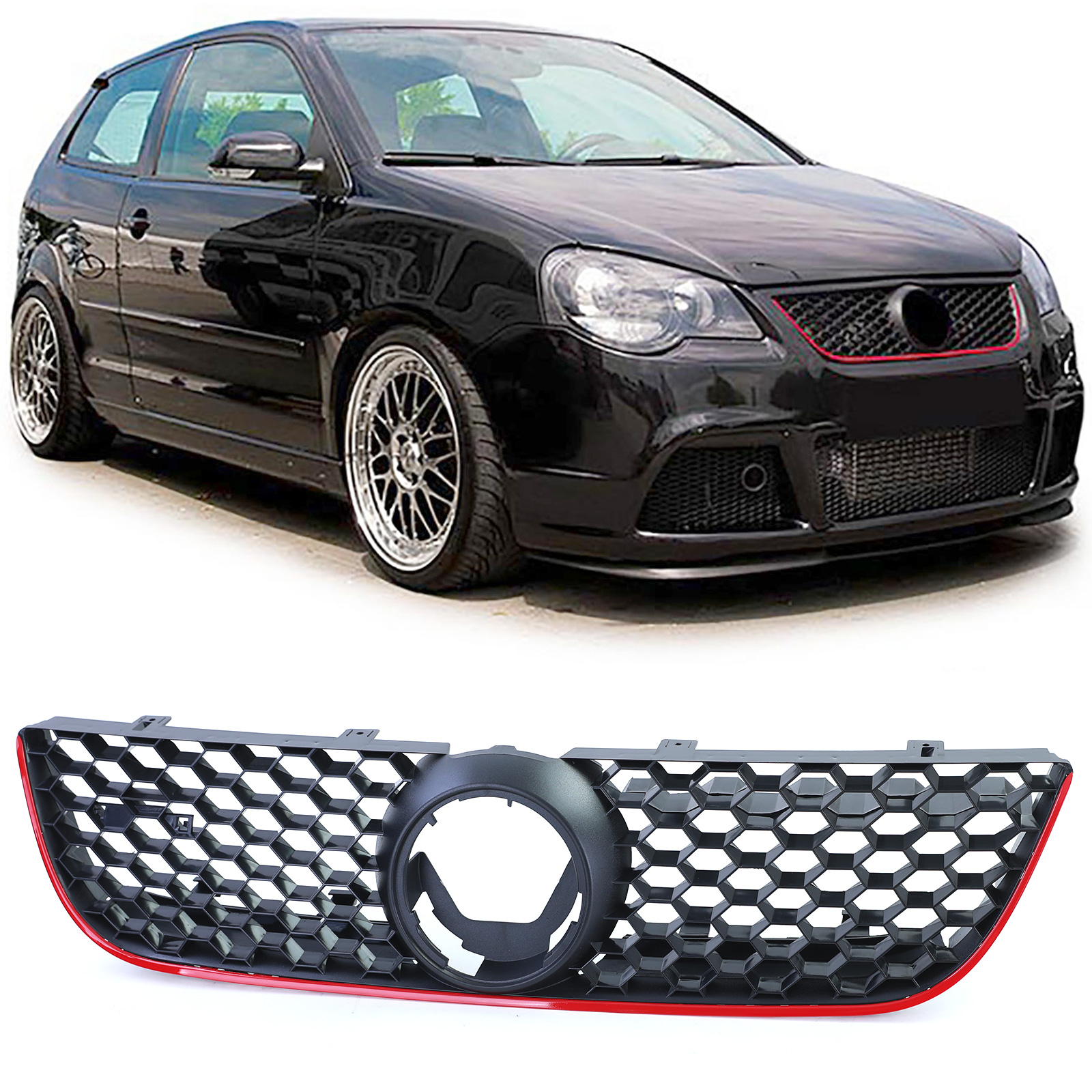 Kühlergrill Sportgrill Grill mit roter Leiste für VW Polo 9N3 05-09 auch GTI