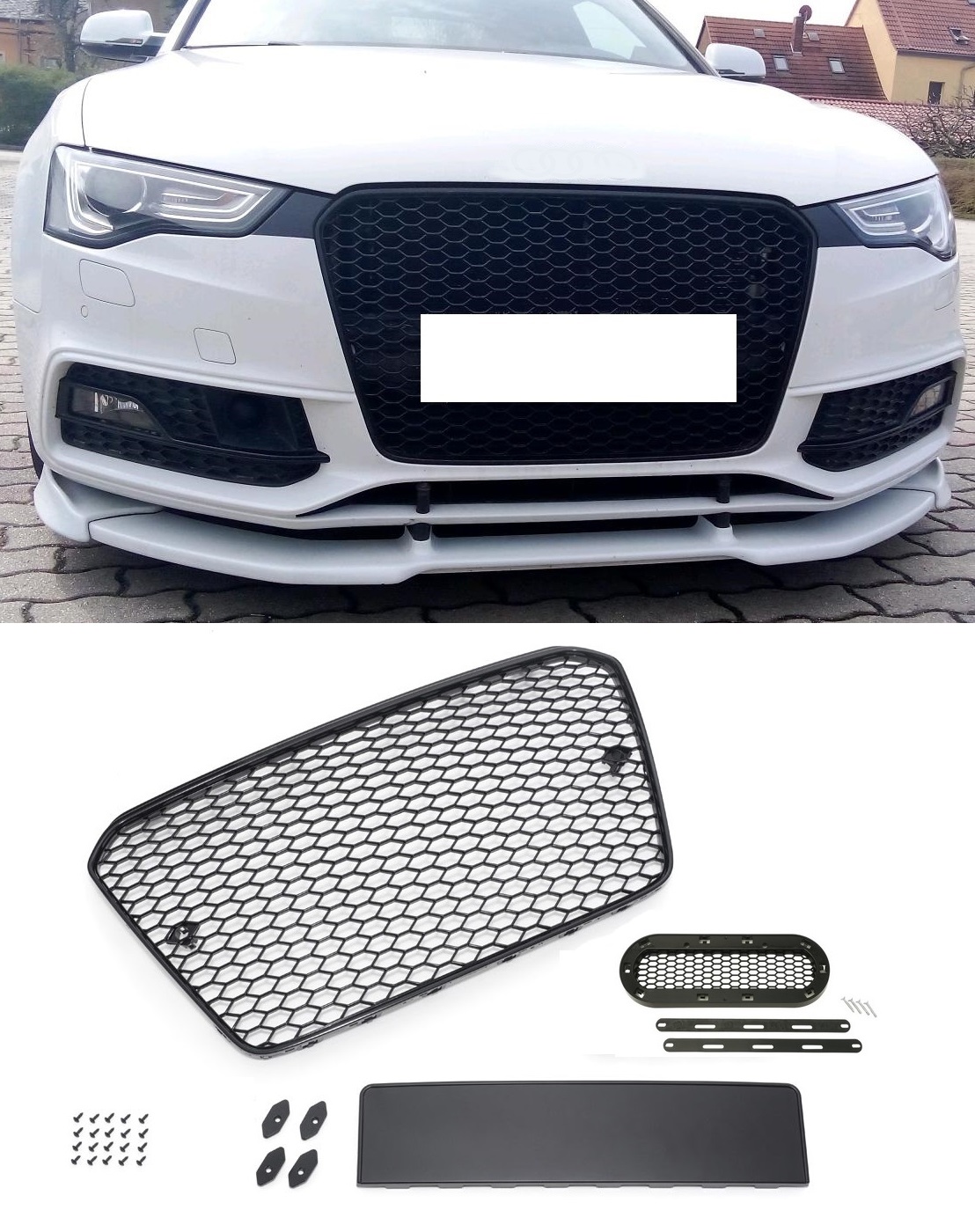 Kühlergrill Sportgrill Wabengrill Grill SCHWARZ GLANZ inklusive Emblem Halter für Audi A5 8T 2011-2016