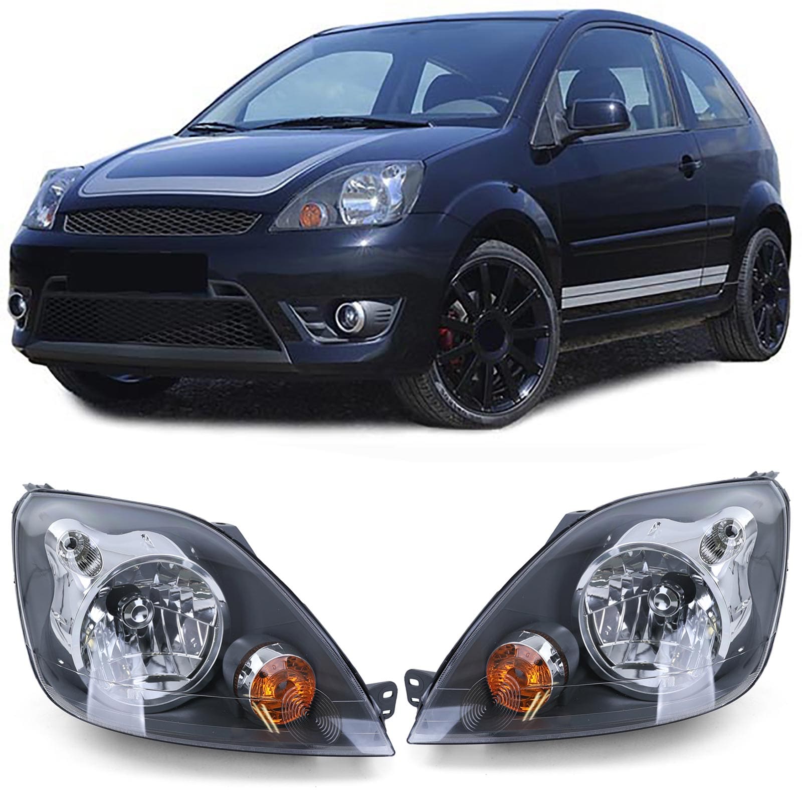 Scheinwerfer H4 Schwarz mit Motor Links + Rechts für Ford Fiesta JH JD 05-07