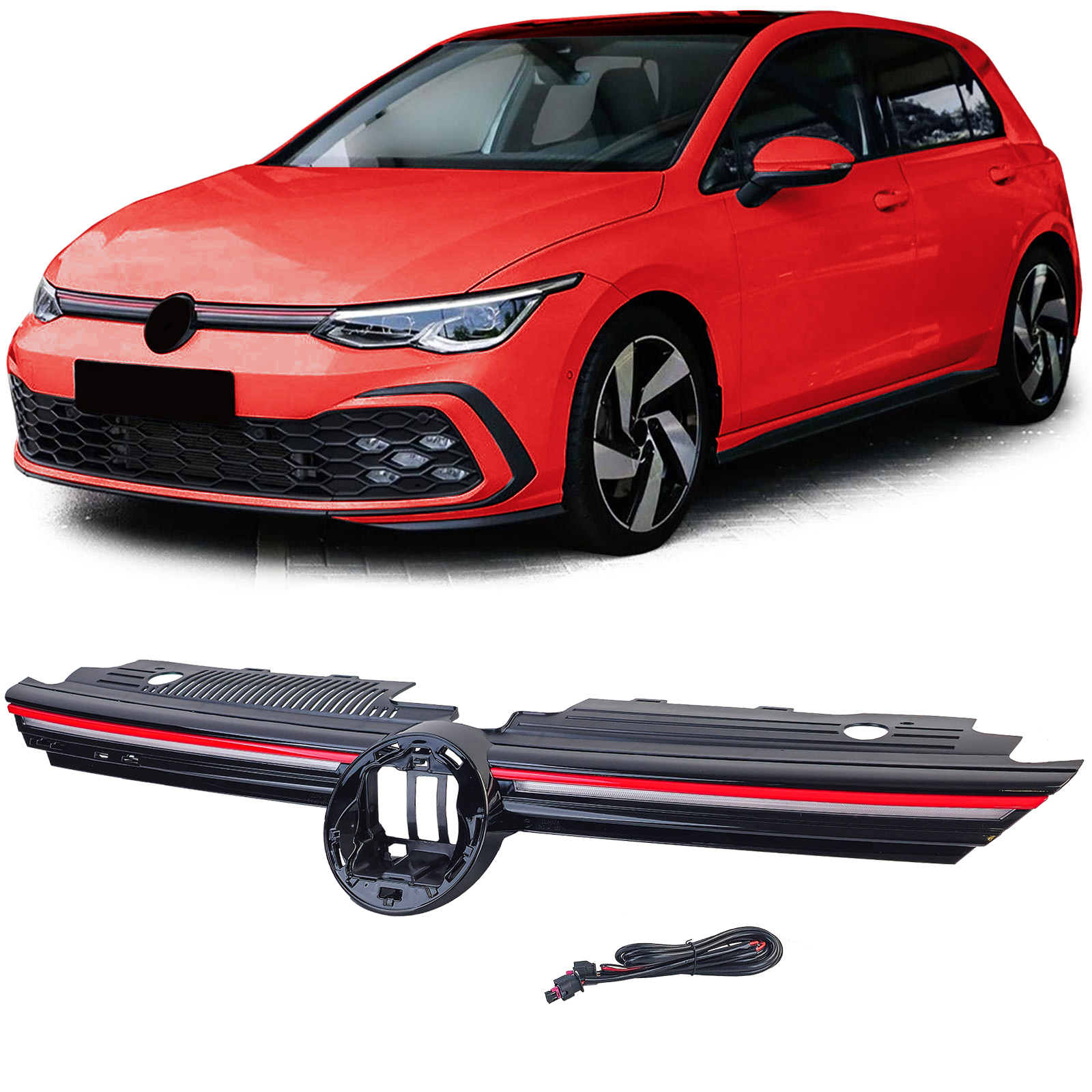 Sportgrill Kühlergrill mit roter Leiste + BELEUCHTET / LICHTSTREIFEN für VW Golf 8 VIII auch GTI GTD R-Line 2019-2024