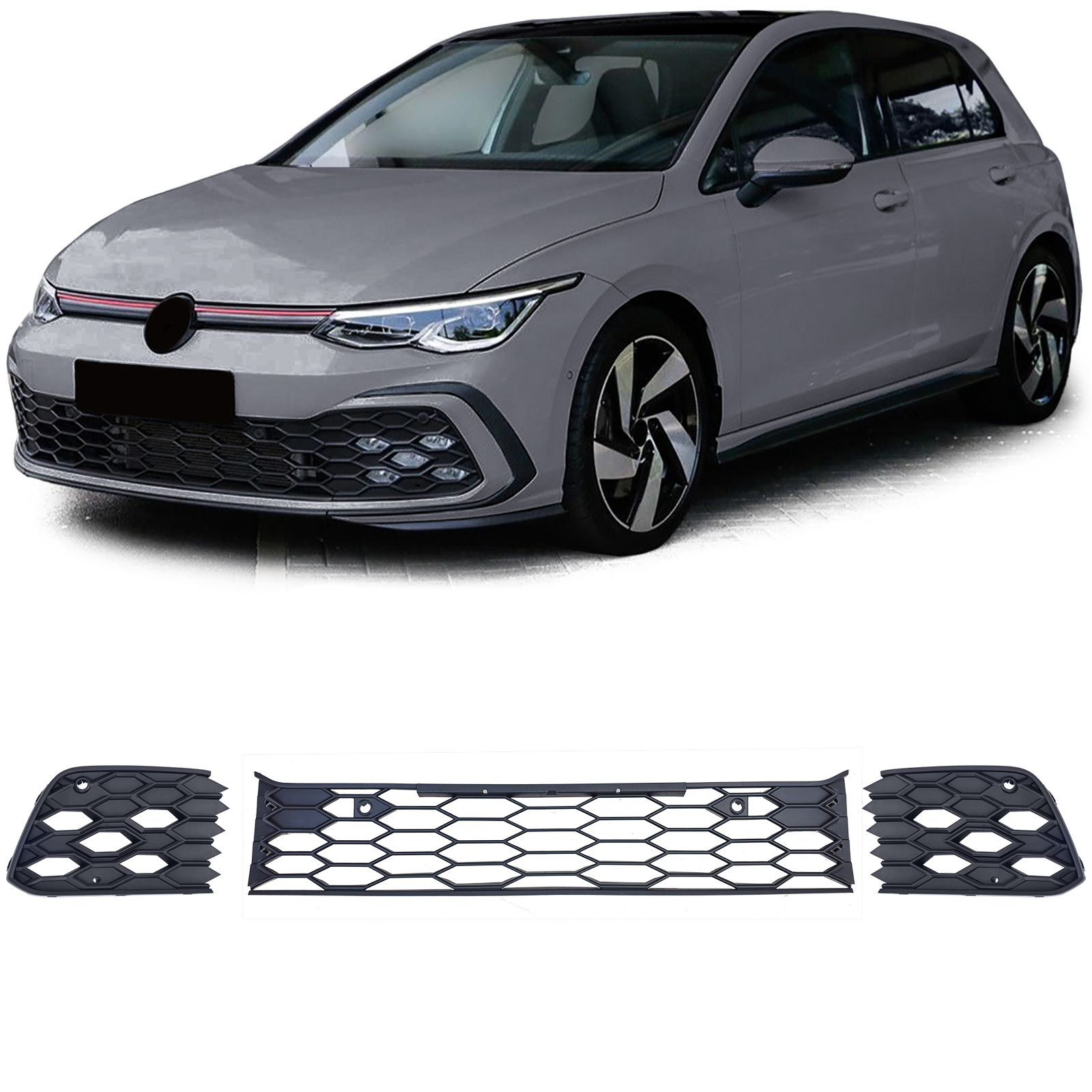 Kühlergrill Gitter Stoßstange Waben Matt LINKS + RECHTS + MITTE für VW Golf 8 VIII GTI GTD 2019-2024