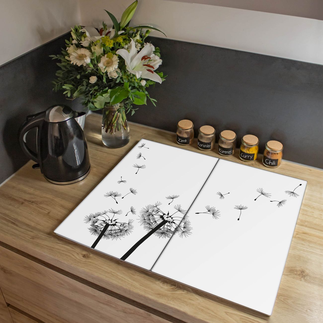 Herdabdeckplatte aus Glas Spritzschutz Herdabdeckung zweiteilig je 30x52cm mit Motiv Pusteblume 2 Glasabdeckung Schneidebrett Glasabdeckung Ceranfeld
