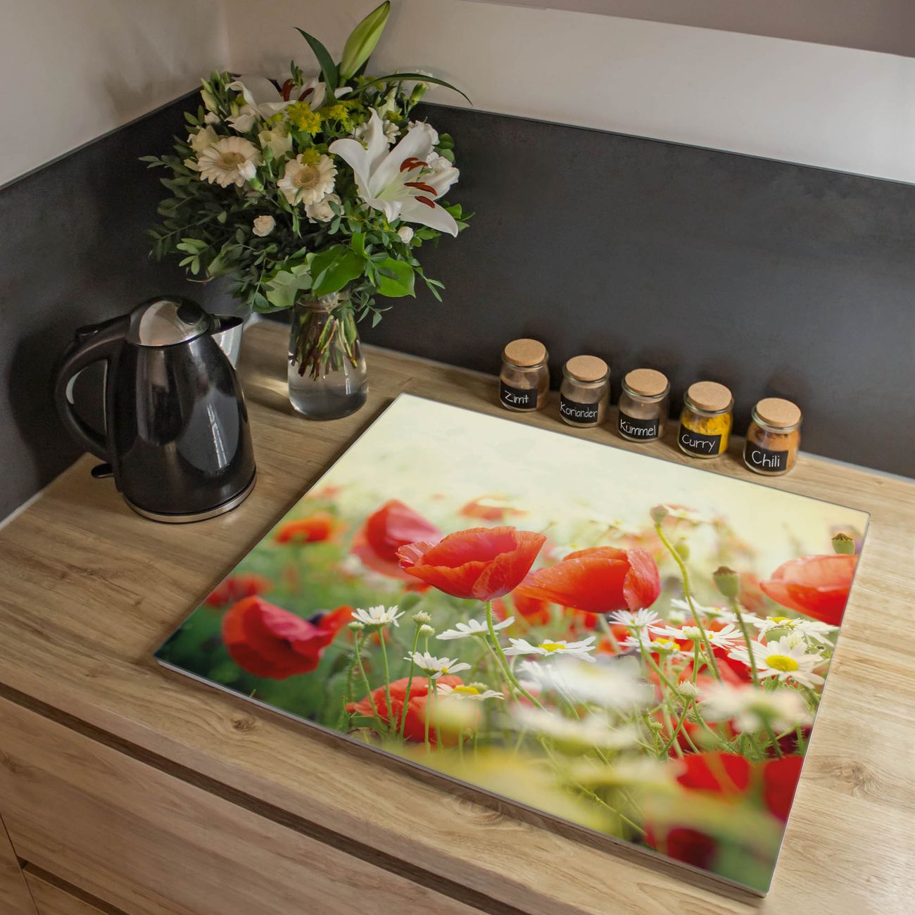 Herdabdeckplatte aus Glas Spritzschutz Herdabdeckung einteilig 60x52cm mit Motiv Kamille Und Mohn Glasabdeckung Schneidebrett Glasabdeckung Ceranfeld