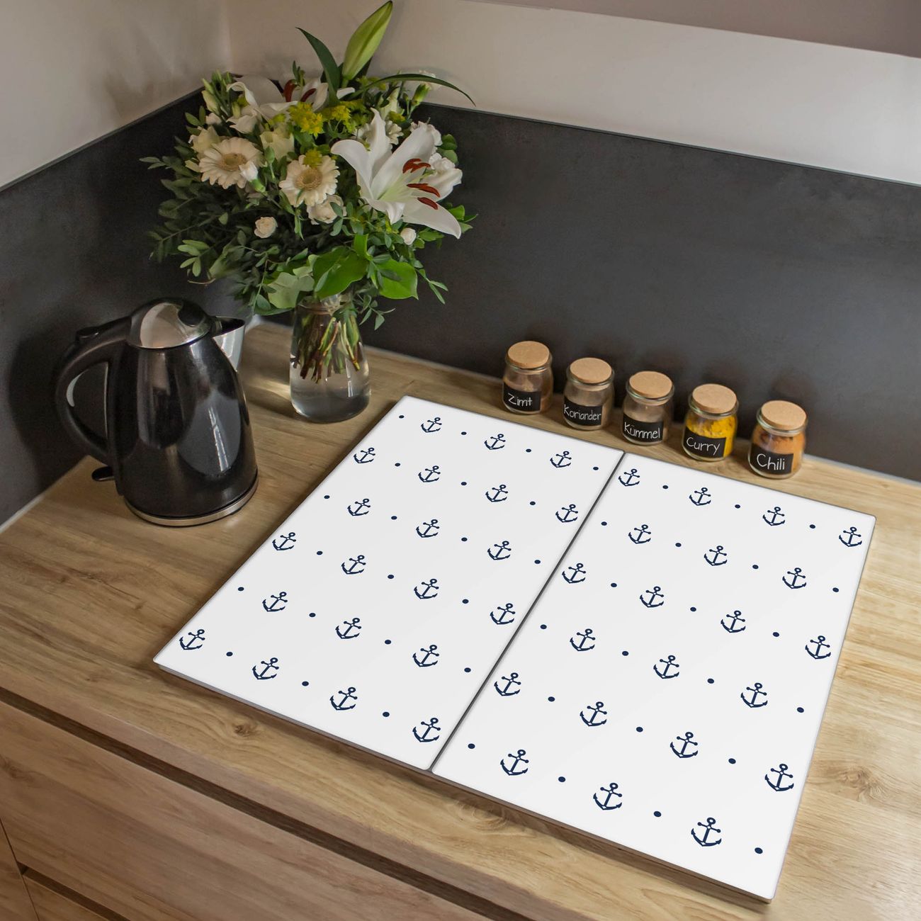 Herdabdeckplatte aus Glas Spritzschutz Herdabdeckung zweiteilig je 30x52cm mit Motiv Kleine Anker Glasabdeckung Schneidebrett Glasabdeckung Ceranfeld