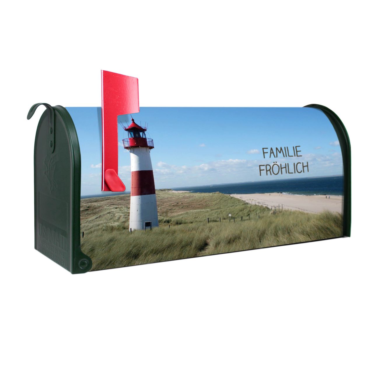 banjado Amerikanischer Briefkasten Grün US Mailbox, Letterbox Leuchtturm, Stahl Postkasten aus Amerika, Briefkasten amerikanisch mit roter Fahne