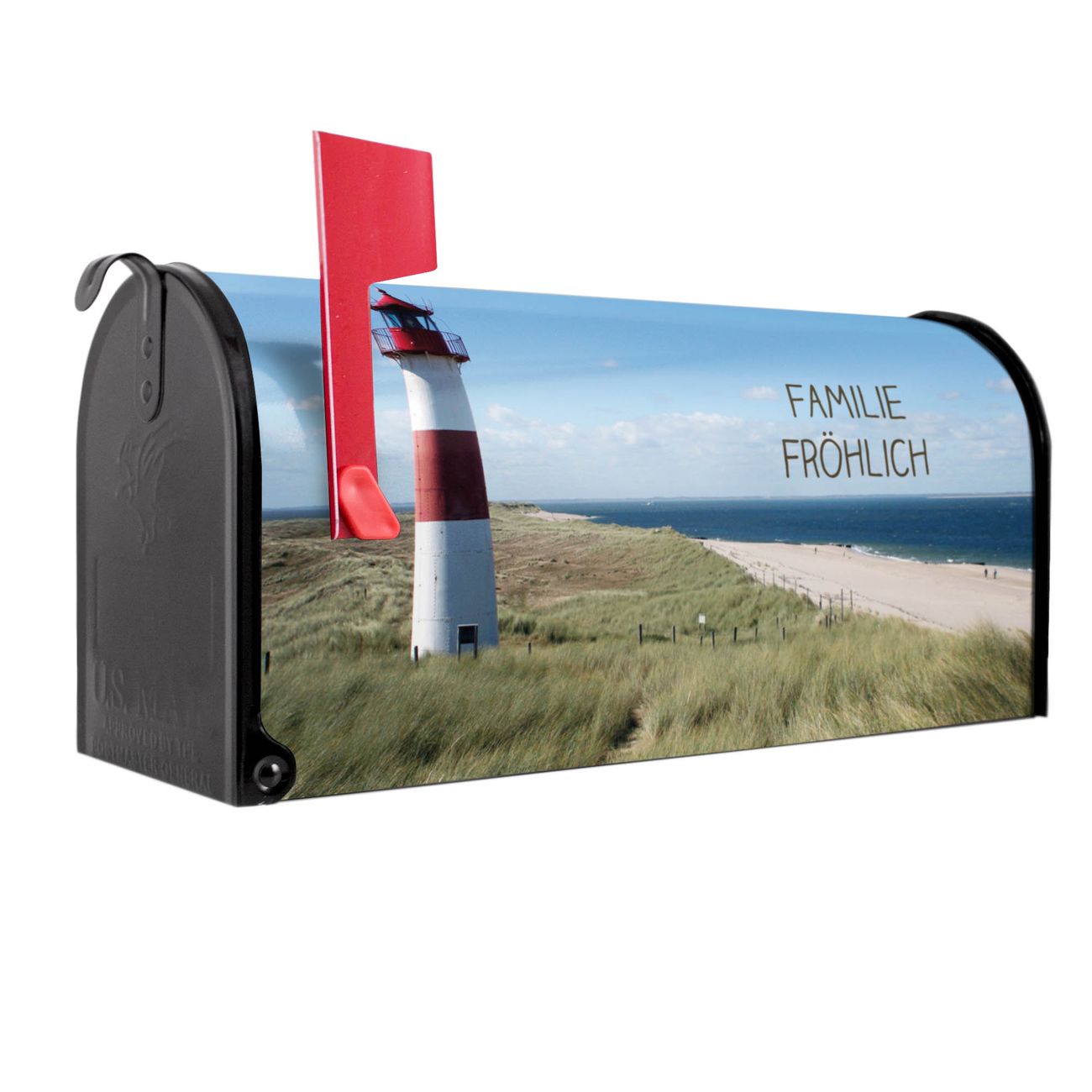 banjado Amerikanischer Briefkasten Schwarz US Mailbox, Letterbox Leuchtturm, Stahl Postkasten aus Amerika, Briefkasten amerikanisch mit roter Fahne