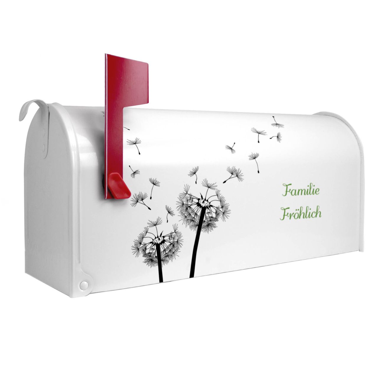 banjado Amerikanischer Briefkasten Weiß US Mailbox, Letterbox Pusteblume, Stahl Postkasten aus Amerika, Briefkasten amerikanisch mit roter Fahne