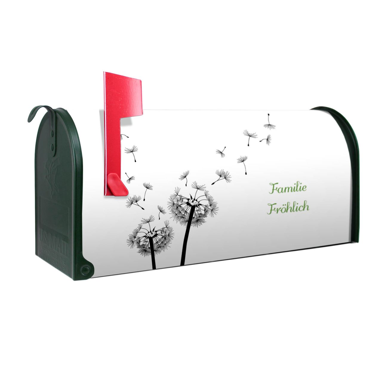 banjado Amerikanischer Briefkasten Grün US Mailbox, Letterbox Pusteblume, Stahl Postkasten aus Amerika, Briefkasten amerikanisch mit roter Fahne