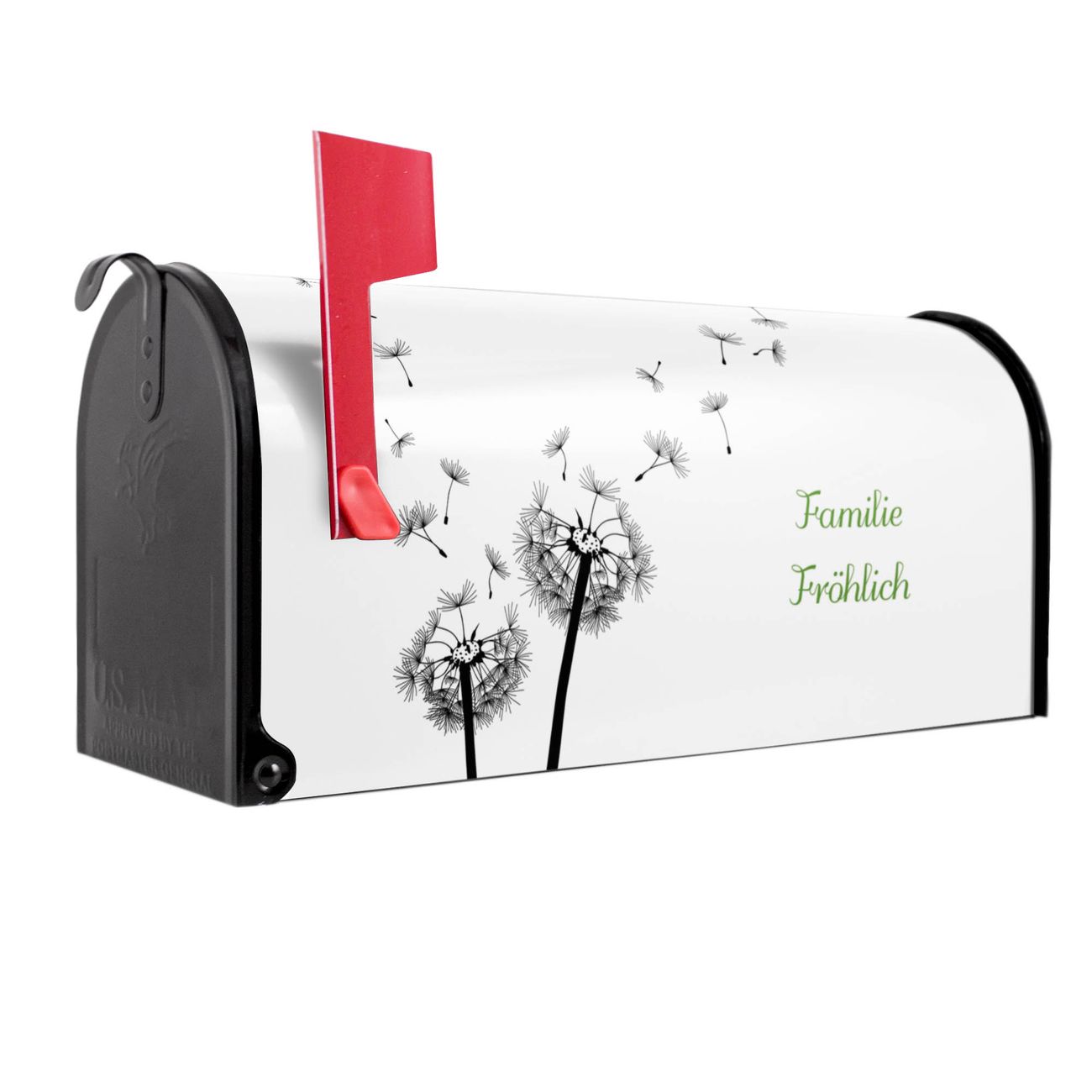 banjado Amerikanischer Briefkasten Schwarz US Mailbox, Letterbox Pusteblume, Stahl Postkasten aus Amerika, Briefkasten amerikanisch mit roter Fahne