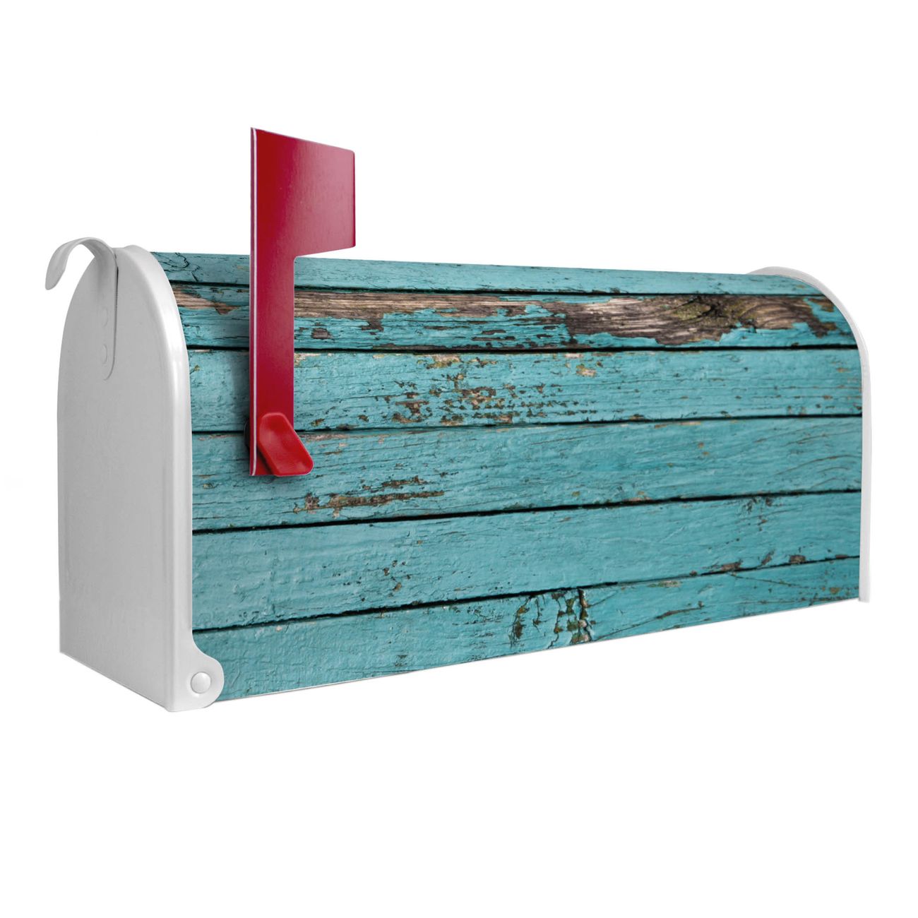banjado Amerikanischer Briefkasten Weiß US Mailbox, Letterbox Holz Blau, Stahl Postkasten aus Amerika, Briefkasten amerikanisch mit roter Fahne