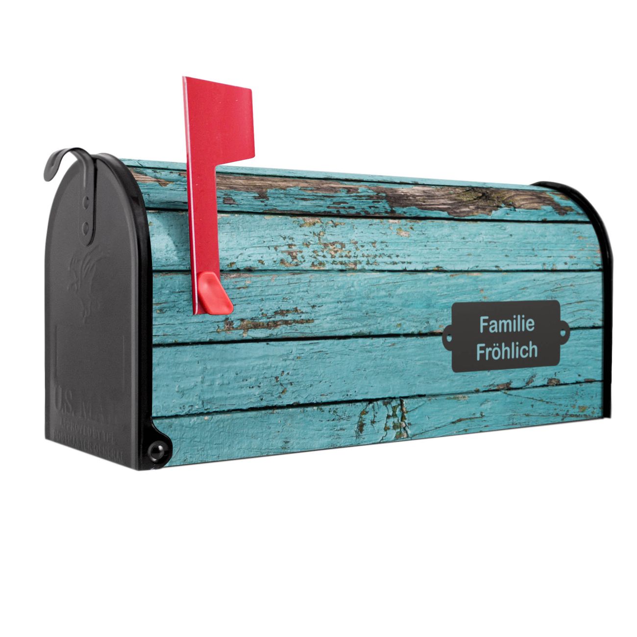 banjado Amerikanischer Briefkasten Schwarz US Mailbox, Letterbox Holz Blau, Stahl Postkasten aus Amerika, Briefkasten amerikanisch mit roter Fahne