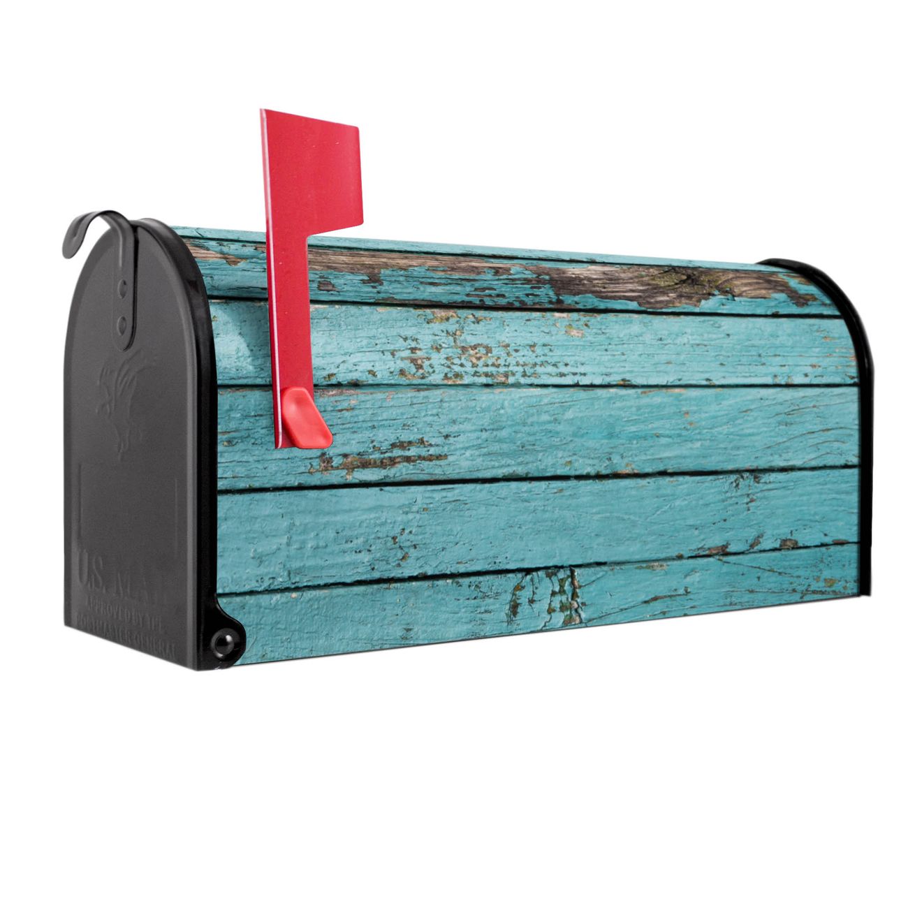 banjado Amerikanischer Briefkasten Schwarz US Mailbox, Letterbox Holz Blau, Stahl Postkasten aus Amerika, Briefkasten amerikanisch mit roter Fahne