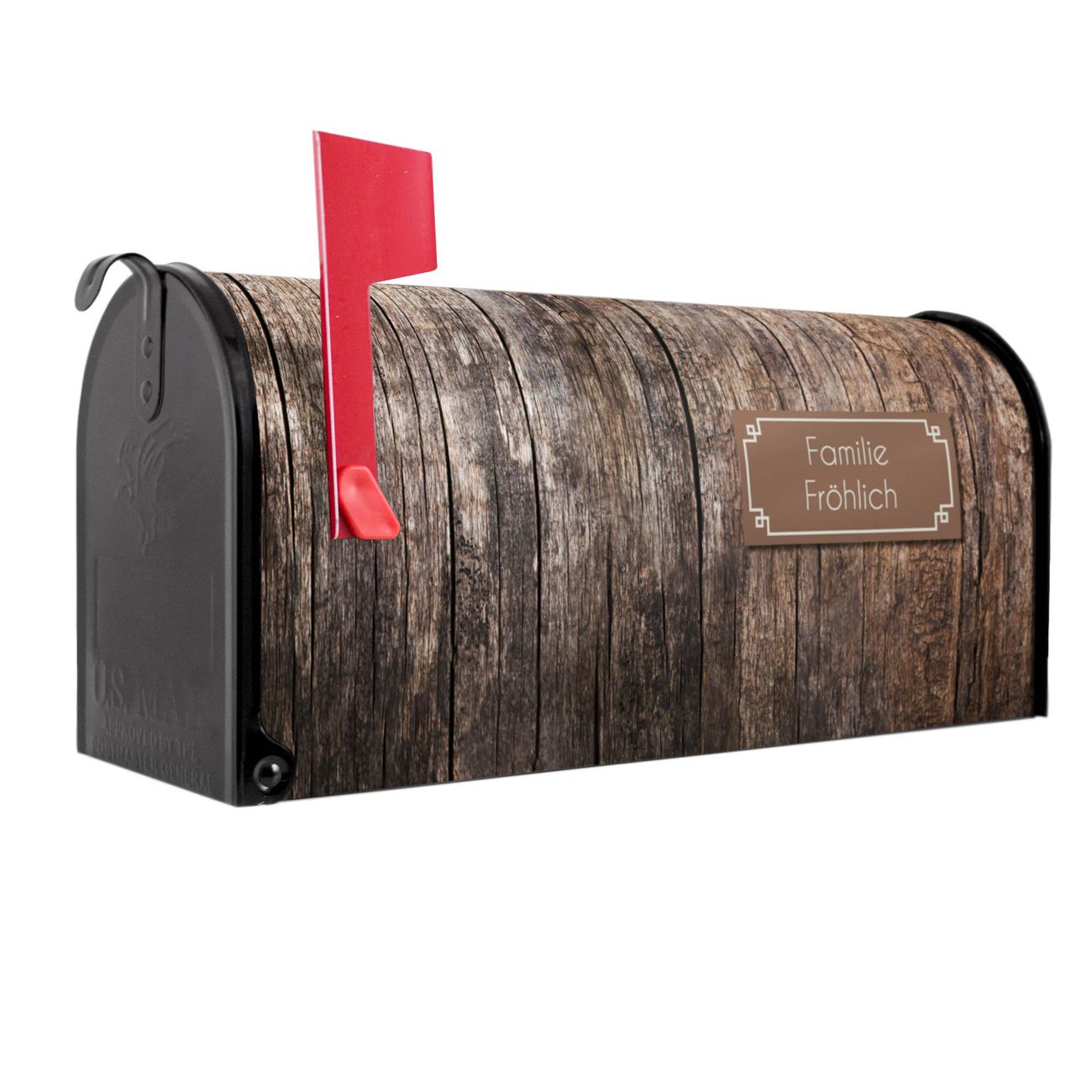 banjado Amerikanischer Briefkasten Schwarz US Mailbox, Letterbox Altes Holz, Stahl Postkasten aus Amerika, Briefkasten amerikanisch mit roter Fahne