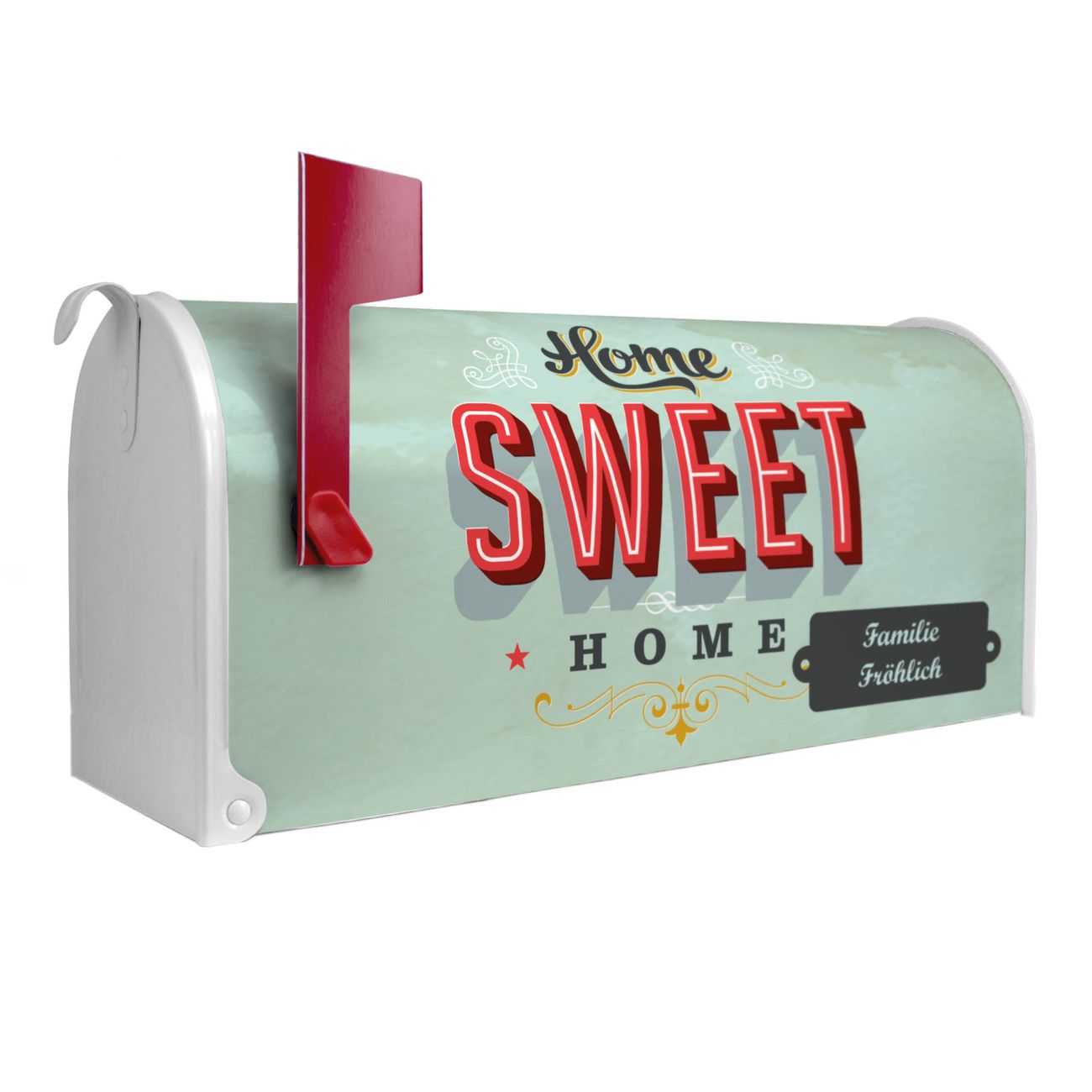 banjado Amerikanischer Briefkasten Weiß US Mailbox, Letterbox Sweet Home, Stahl Postkasten aus Amerika, Briefkasten amerikanisch mit roter Fahne