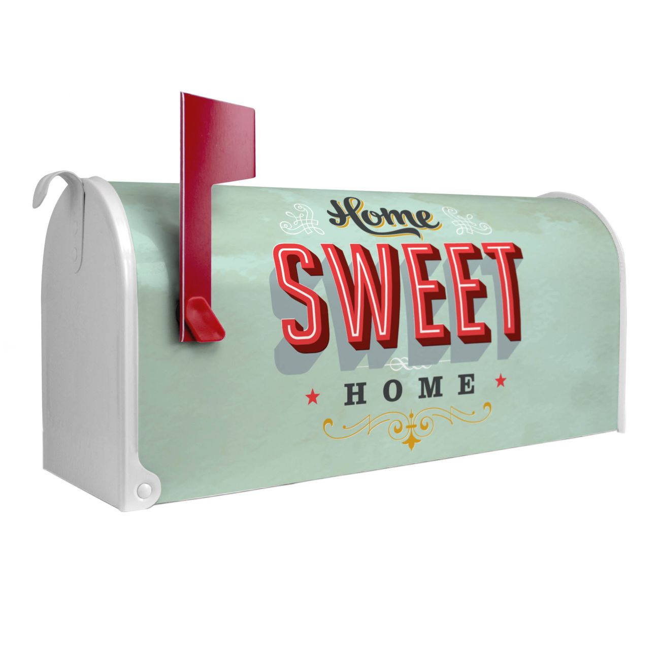 banjado Amerikanischer Briefkasten Weiß US Mailbox, Letterbox Sweet Home, Stahl Postkasten aus Amerika, Briefkasten amerikanisch mit roter Fahne