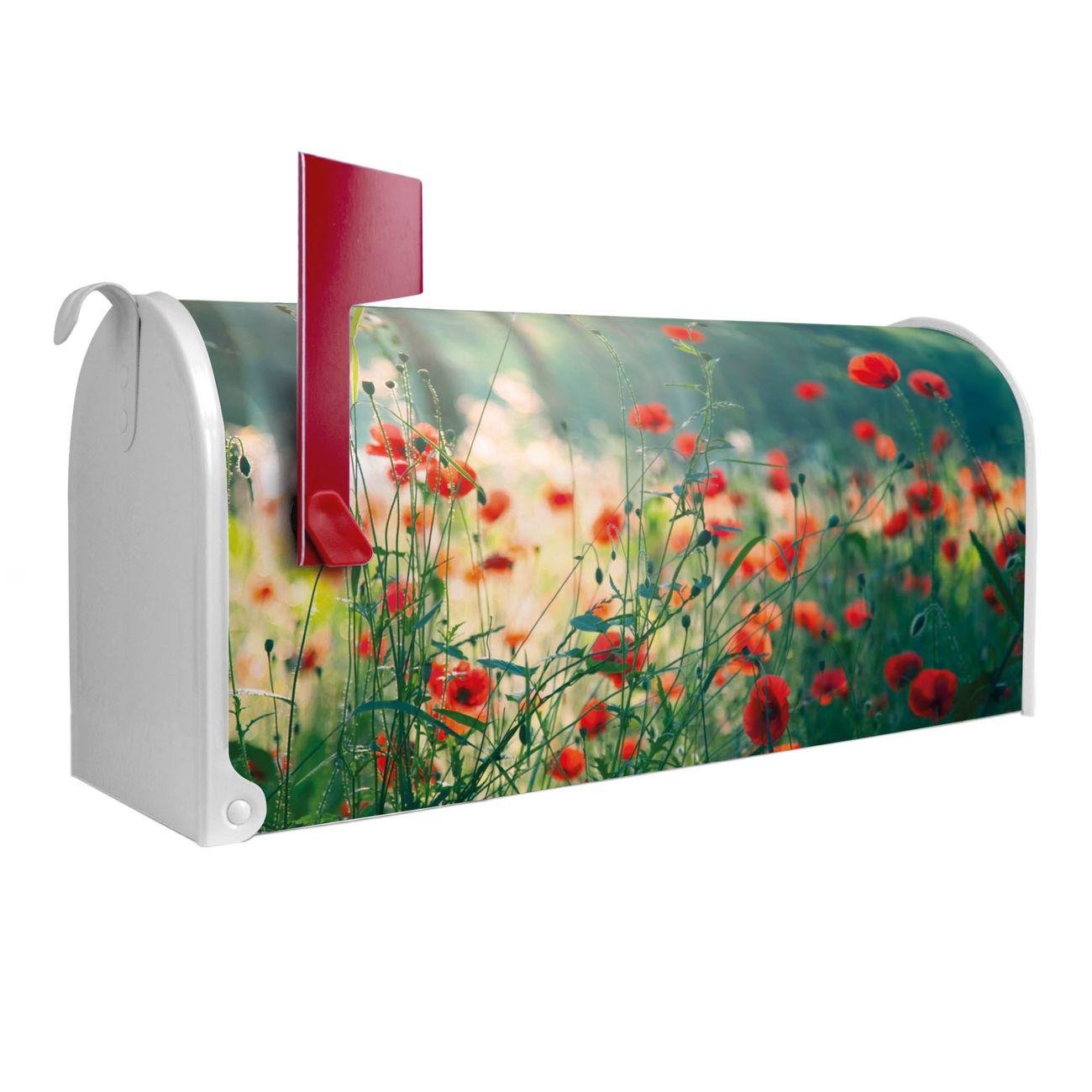 banjado Amerikanischer Briefkasten Weiß US Mailbox, Letterbox Waldmohn, Stahl Postkasten aus Amerika, Briefkasten amerikanisch mit roter Fahne
