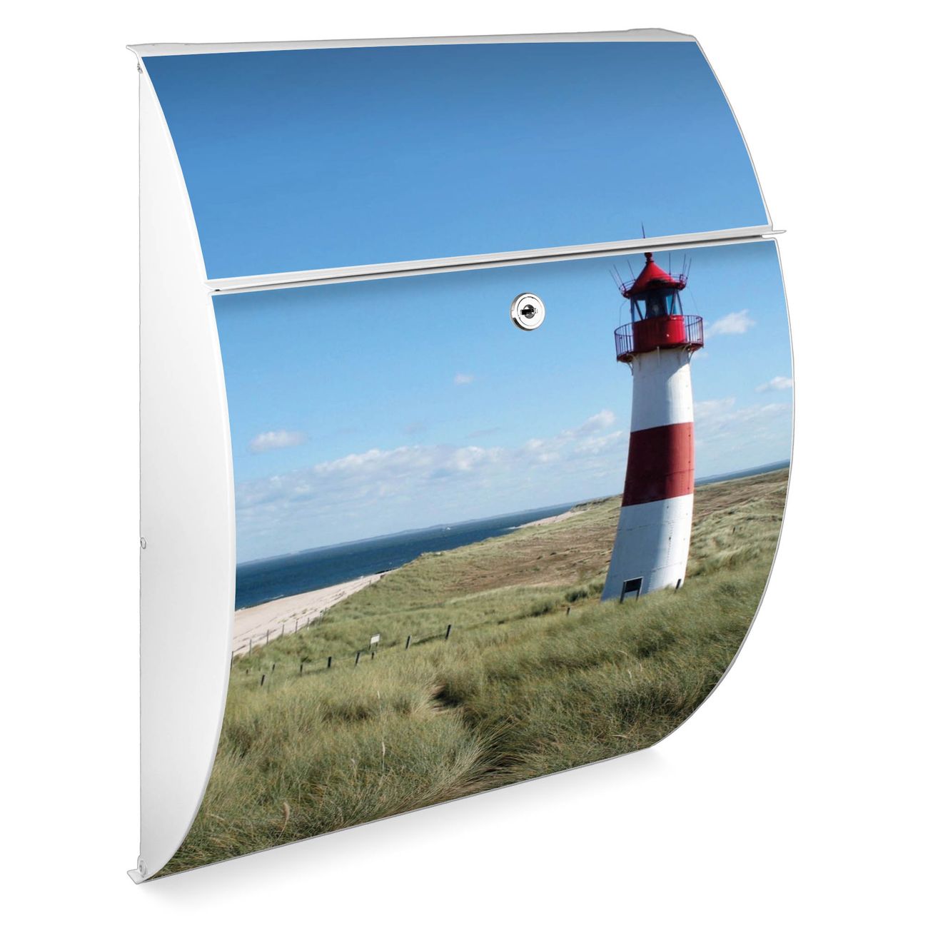 banjado Burg-Wächter Briefkasten Anthrazit mit Motiv Leuchtturm, Postkasten Stahl pulverbeschichtet mit Kippdach und Öffnungsstopp, halbrunde Form