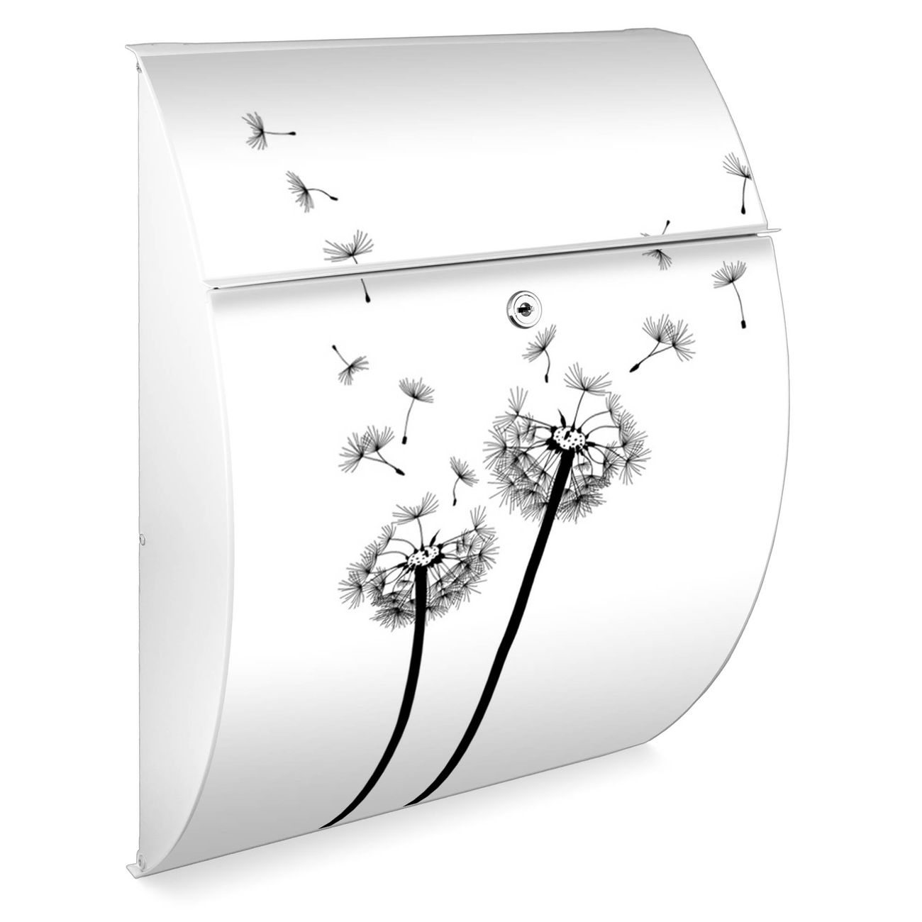 Burg-Wächter Design Briefkasten weiß aus verzinktem Stahl mit Motiv Pusteblume 2, großer Postkasten mit Öffnungsstopp und A4 Einwurf, RAL9010 wetterfest