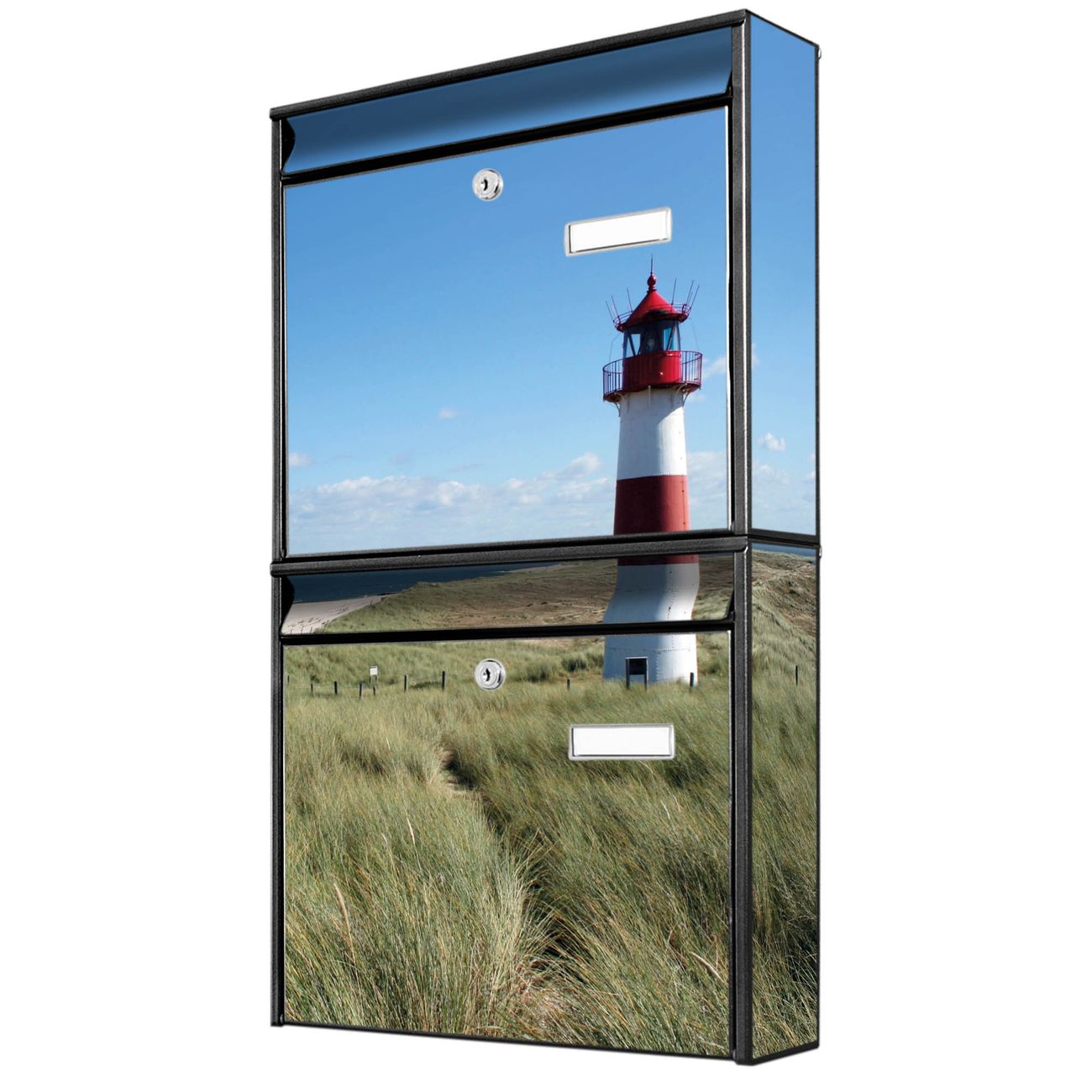 banjado Burg Wächter Briefkastenanlage schwarz Doppelbriefkasten mehre Farben, flexibel erweiterbar auch Personalisiert mit Motiv Leuchtturm