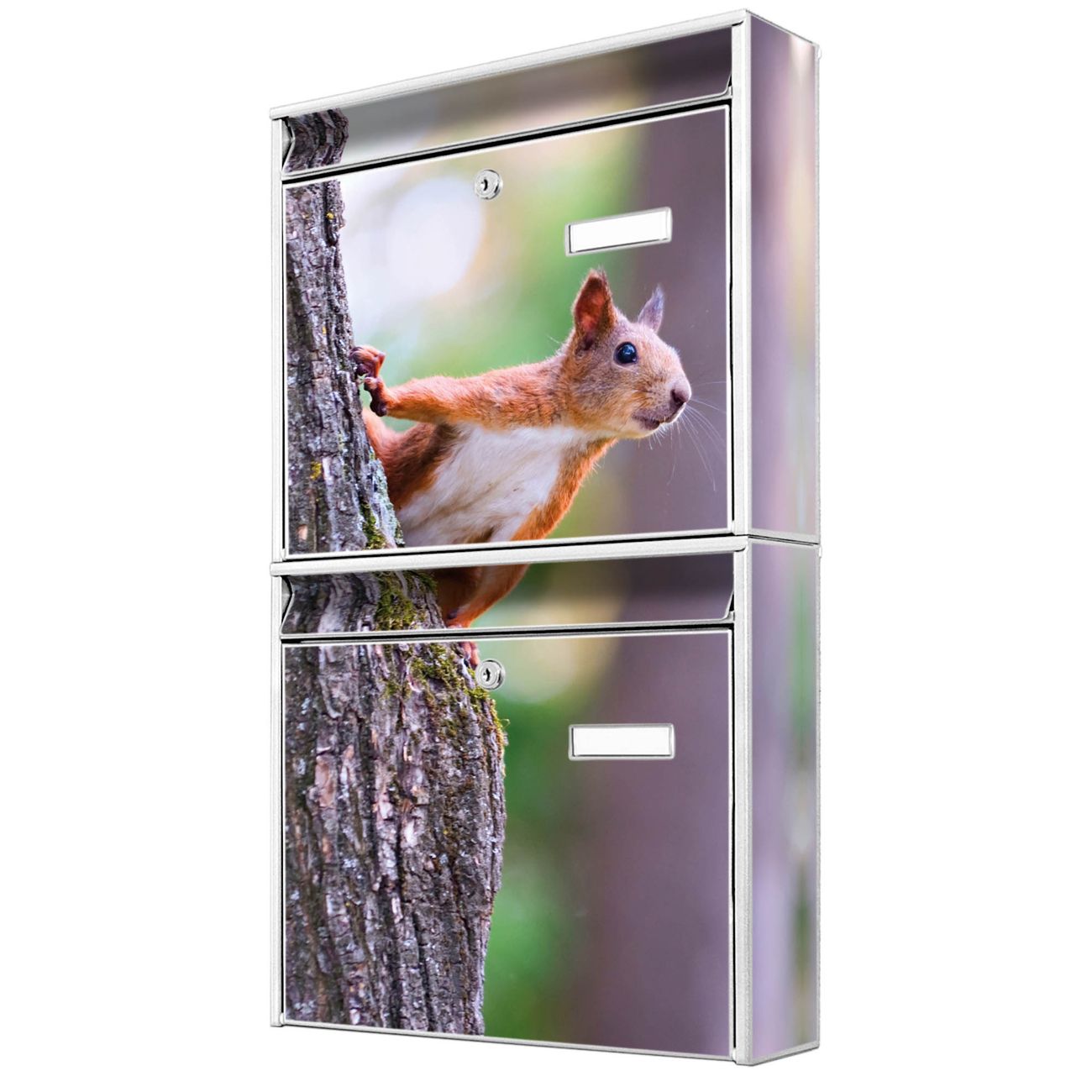 banjado Burg Wächter Briefkastenanlage weiß Doppelbriefkasten mehre Farben, flexibel erweiterbar auch Personalisiert mit Motiv Eichhörnchen