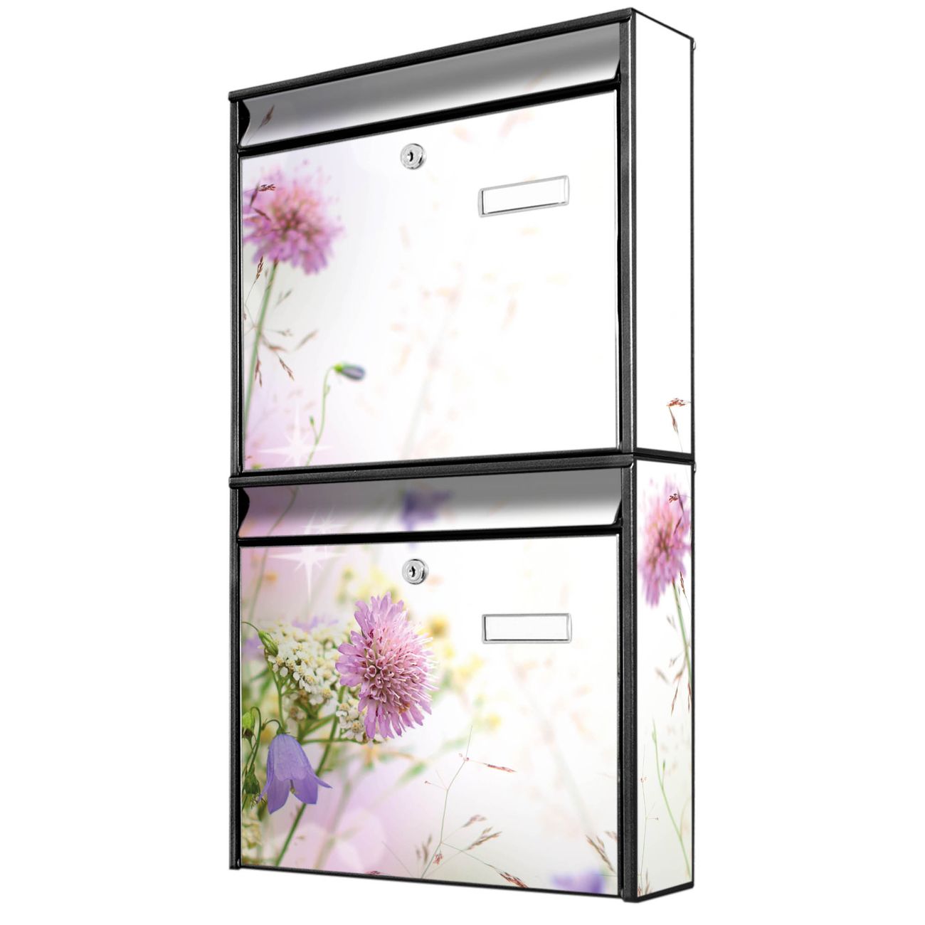 banjado Burg Wächter Briefkastenanlage schwarz Briefkasten Mehrfamilienhaus, 36,2x64,5x10cm BxHxT, verzinkt und lackiert, mit Motiv Wiese Blumen
