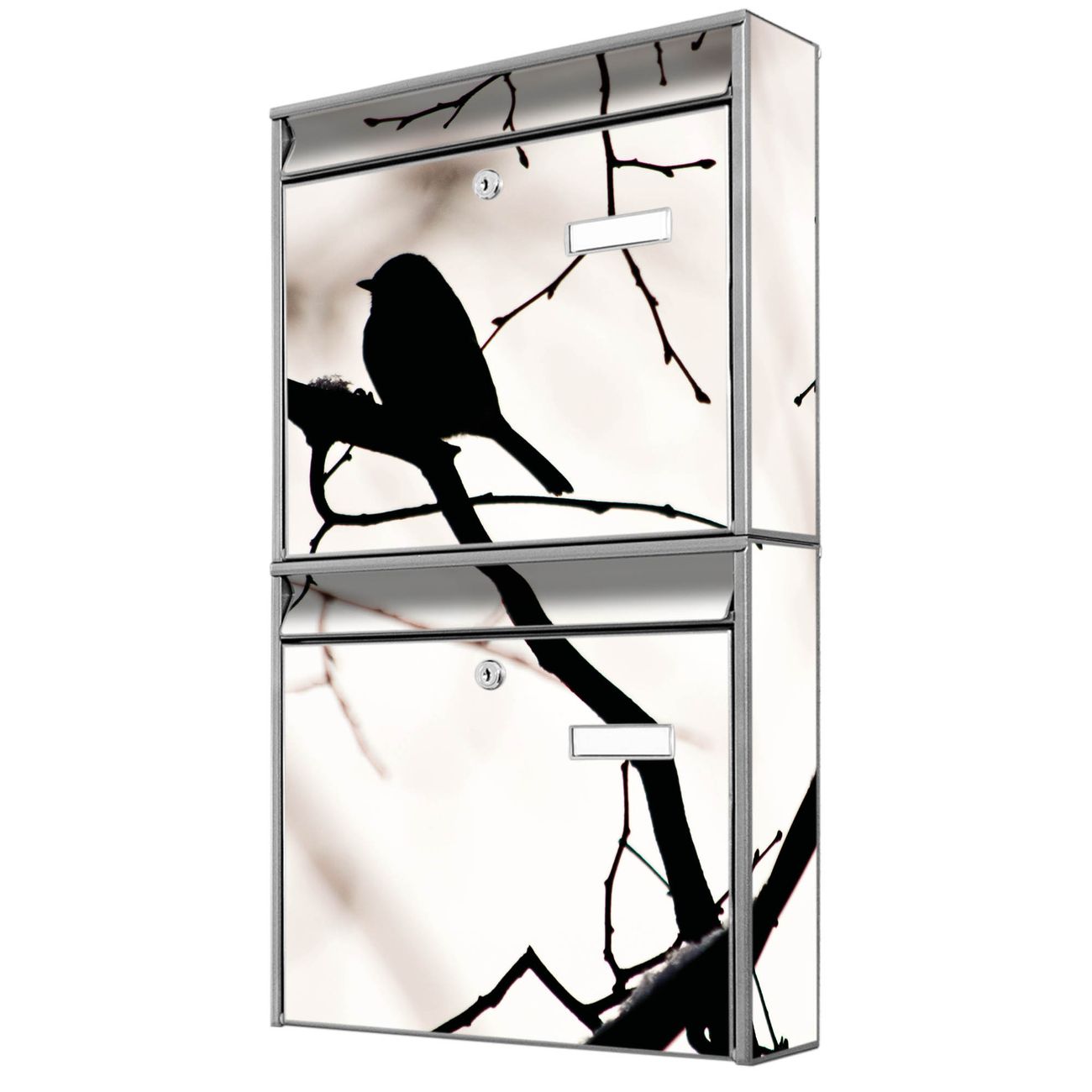 banjado Burg Wächter Briefkastenanlage silber Briefkasten Mehrfamilienhaus, 36,2x64,5x10cm BxHxT, verzinkt und lackiert, mit Motiv Früher Vogel