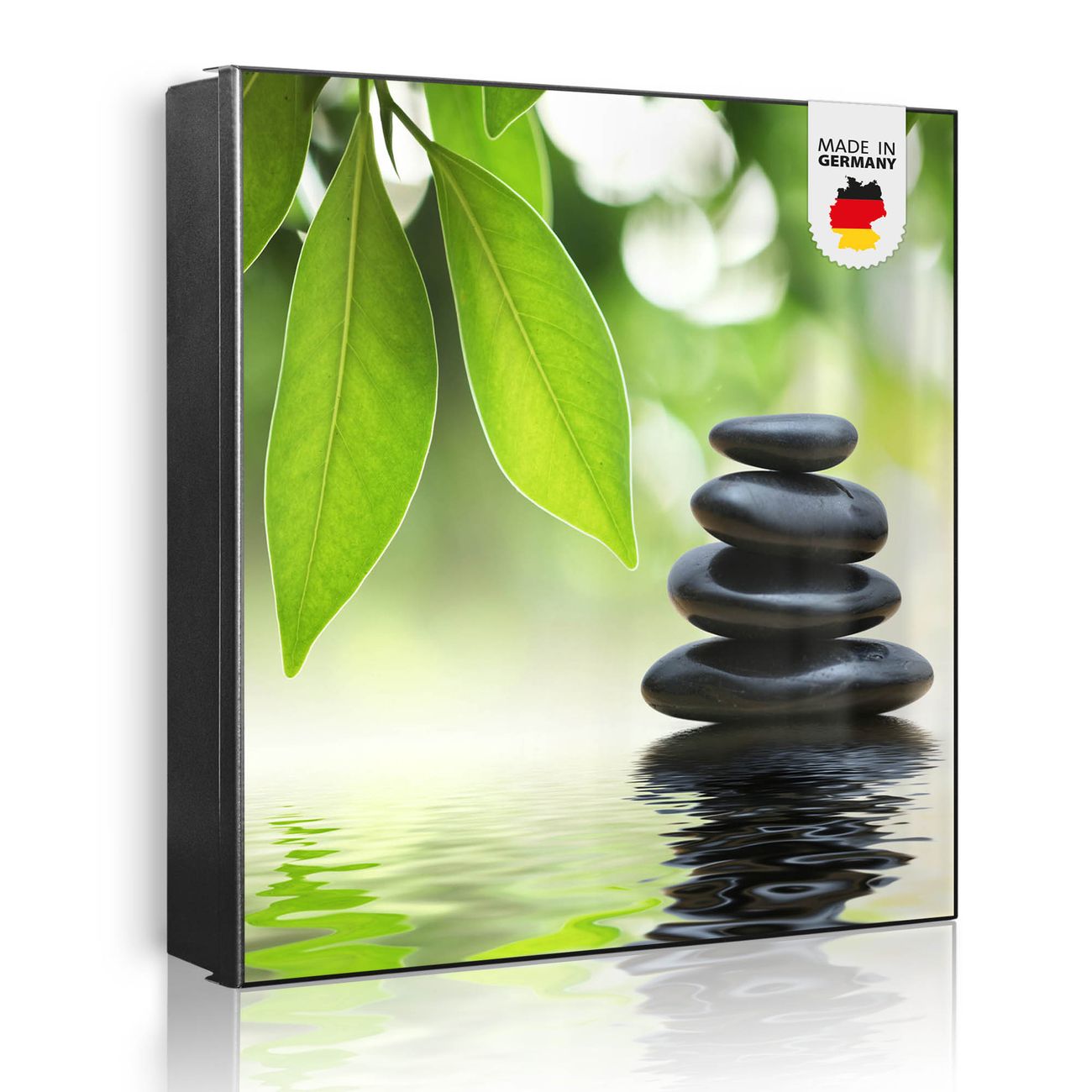Großer Schlüsselkasten aus Metall von banjado, Schlüsselaufbewahrung 30cm x 30cm mit 32 Haken, Schlüsselbox Motiv Steine&Relax mit beschreibbarer und magnetischer Front