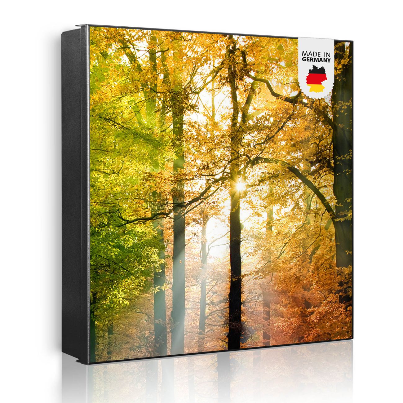 Großer Schlüsselkasten aus Metall von banjado, Schlüsselaufbewahrung 30cm x 30cm mit 32 Haken, Schlüsselbox Motiv Herbstwald mit beschreibbarer und magnetischer Front
