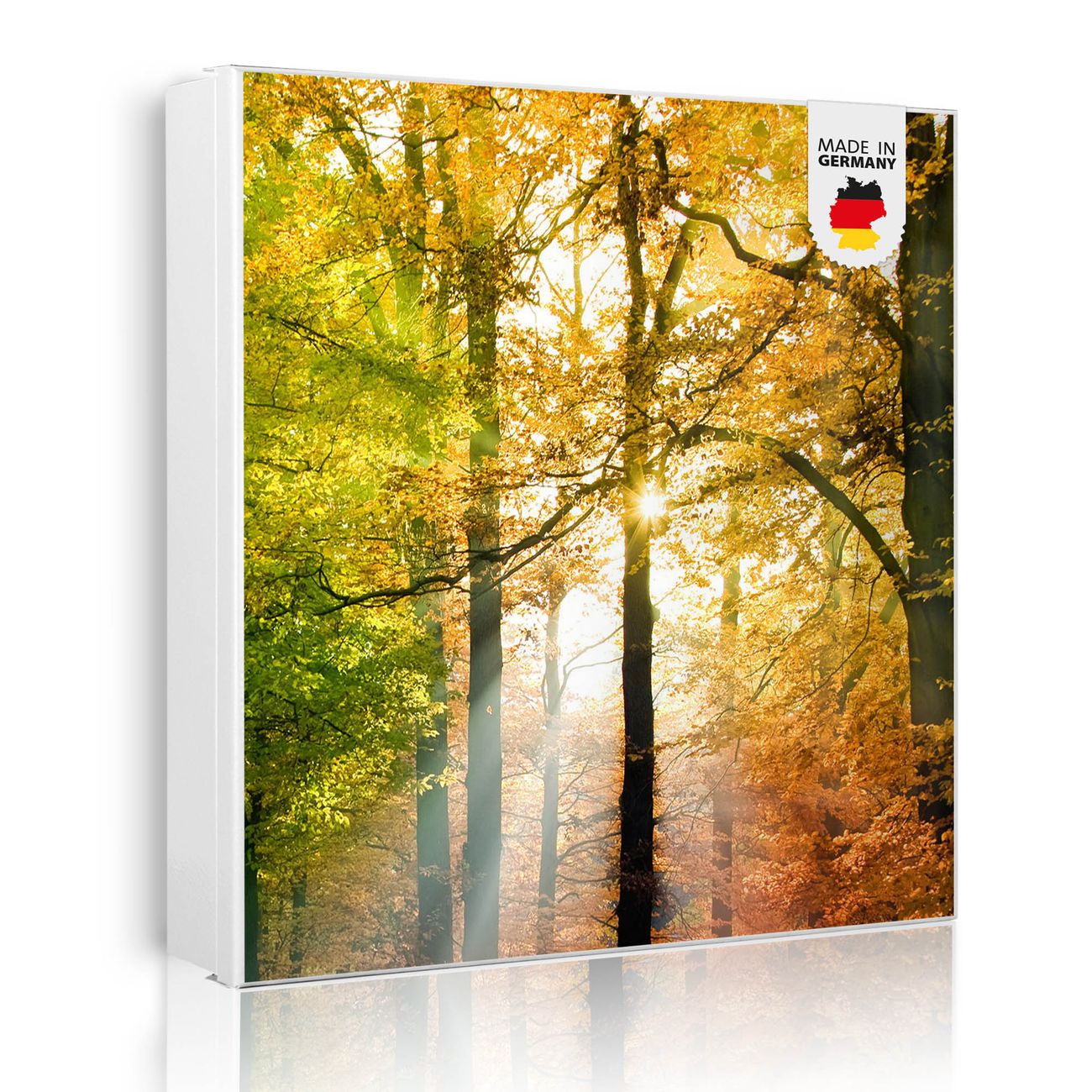 Großer Schlüsselkasten aus Metall von banjado, Schlüsselaufbewahrung 30cm x 30cm mit 32 Haken, Schlüsselbox Motiv Herbstwald mit beschreibbarer und magnetischer Front