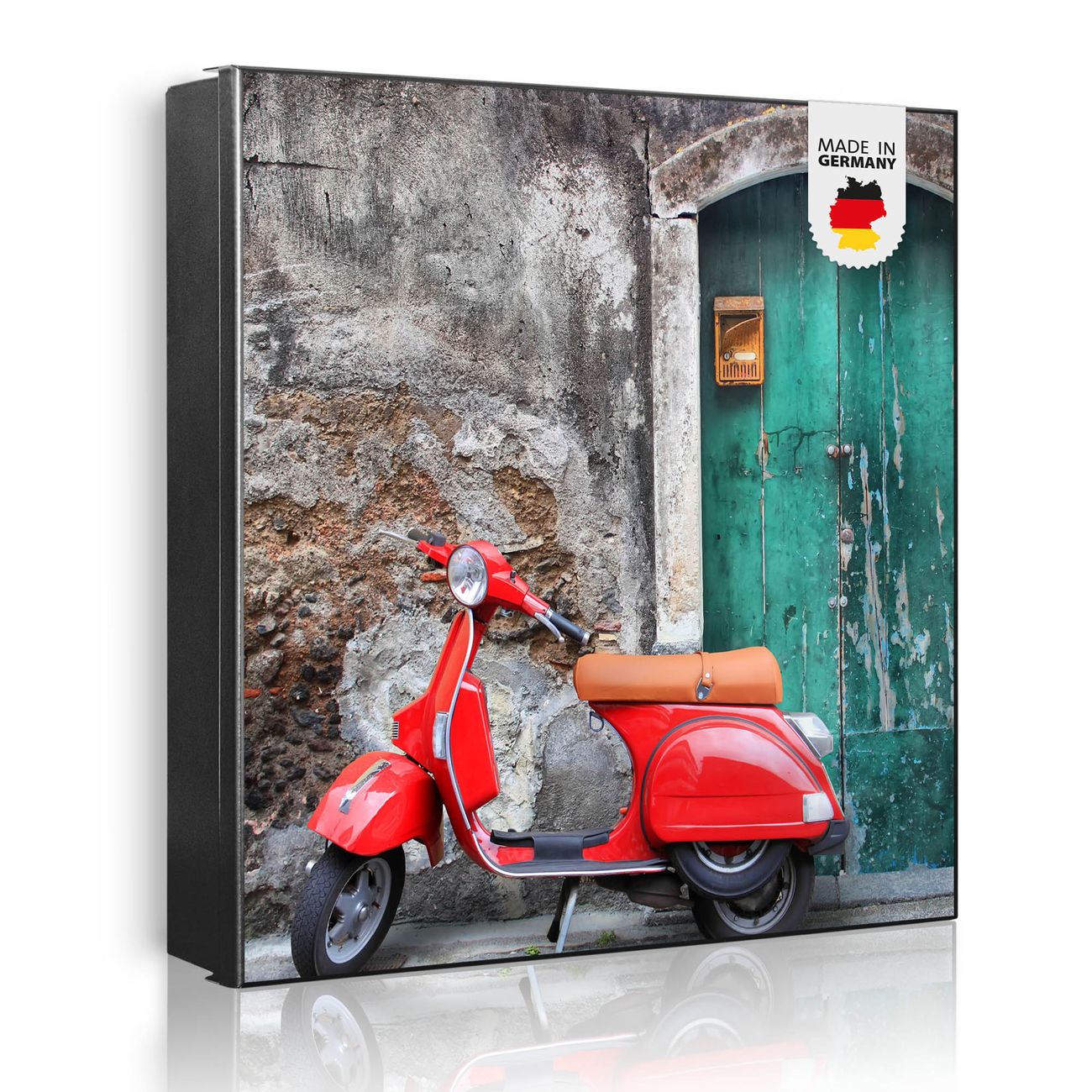 Großer Schlüsselkasten aus Metall von banjado, Schlüsselaufbewahrung 30cm x 30cm mit 32 Haken, Schlüsselbox Motiv Italienischer Roller mit beschreibbarer und magnetischer Front