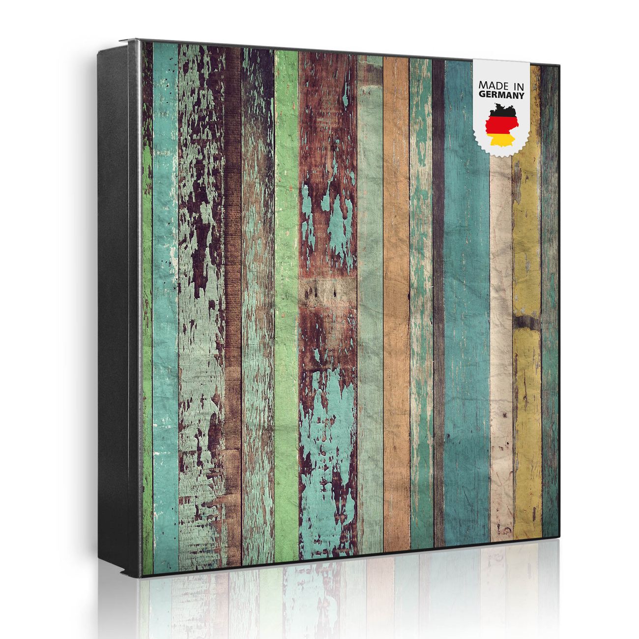Großer Schlüsselkasten aus Metall von banjado, Schlüsselaufbewahrung 30cm x 30cm mit 32 Haken, Schlüsselbox Motiv Bunte Bretterwand mit beschreibbarer und magnetischer Front
