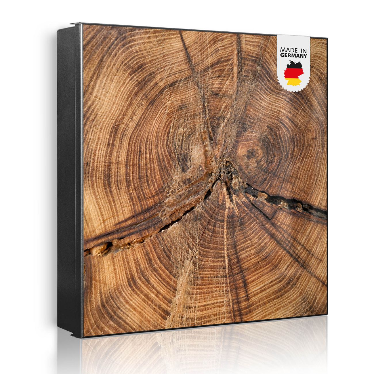 Großer Schlüsselkasten aus Metall von banjado, Schlüsselaufbewahrung 30cm x 30cm mit 32 Haken, Schlüsselbox Motiv Jahresringe mit beschreibbarer und magnetischer Front