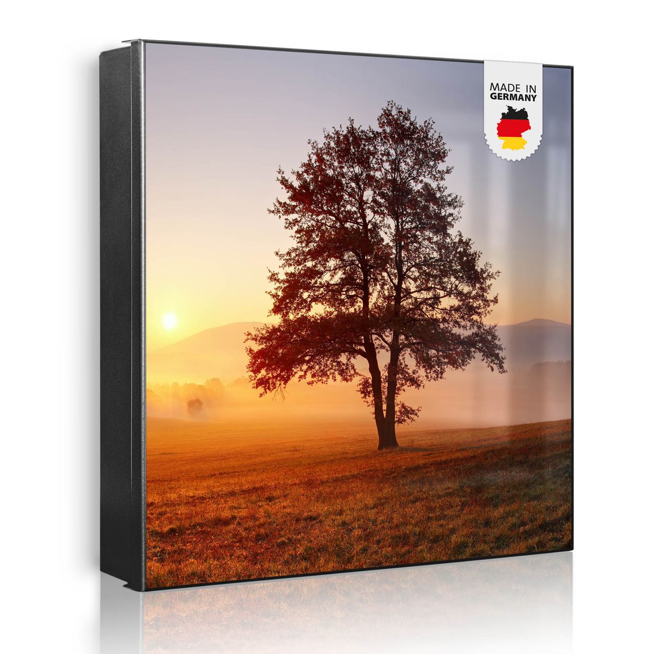 Großer Schlüsselkasten aus Metall von banjado, Schlüsselaufbewahrung 30cm x 30cm mit 32 Haken, Schlüsselbox Motiv Sonnenaufgang mit beschreibbarer und magnetischer Front