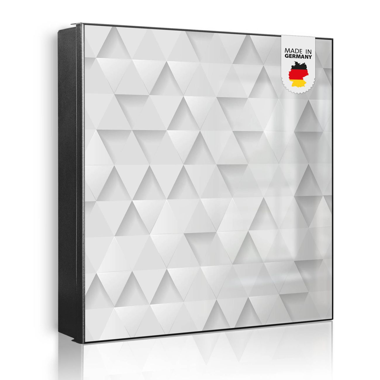 Großer Schlüsselkasten aus Metall von banjado, Schlüsselaufbewahrung 30cm x 30cm mit 32 Haken, Schlüsselbox Motiv Weisse Dreiecke mit beschreibbarer und magnetischer Front