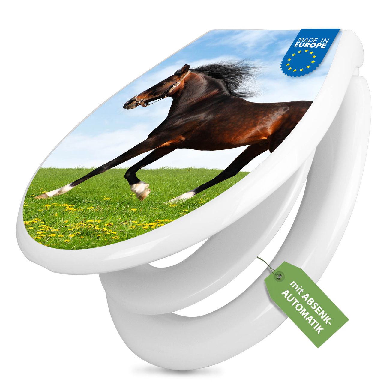 banjado Premium WC-Sitz mit Absenkautomatik O-Form weiß Soft-Close mit Kindersitz Duroplast antibakteriell leichte Reinigung, mit Motiv Pferd