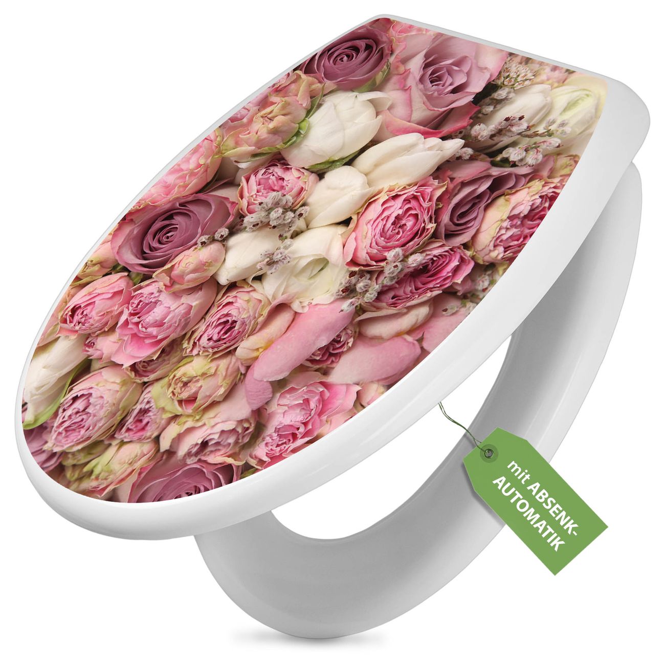 banjado absenkbarer Toilettendeckel weiß mit Soft-Close ohne Kindersitz Klobrille O-Form aus Duroplast Motiv Strauss Rosen individuell gestalten