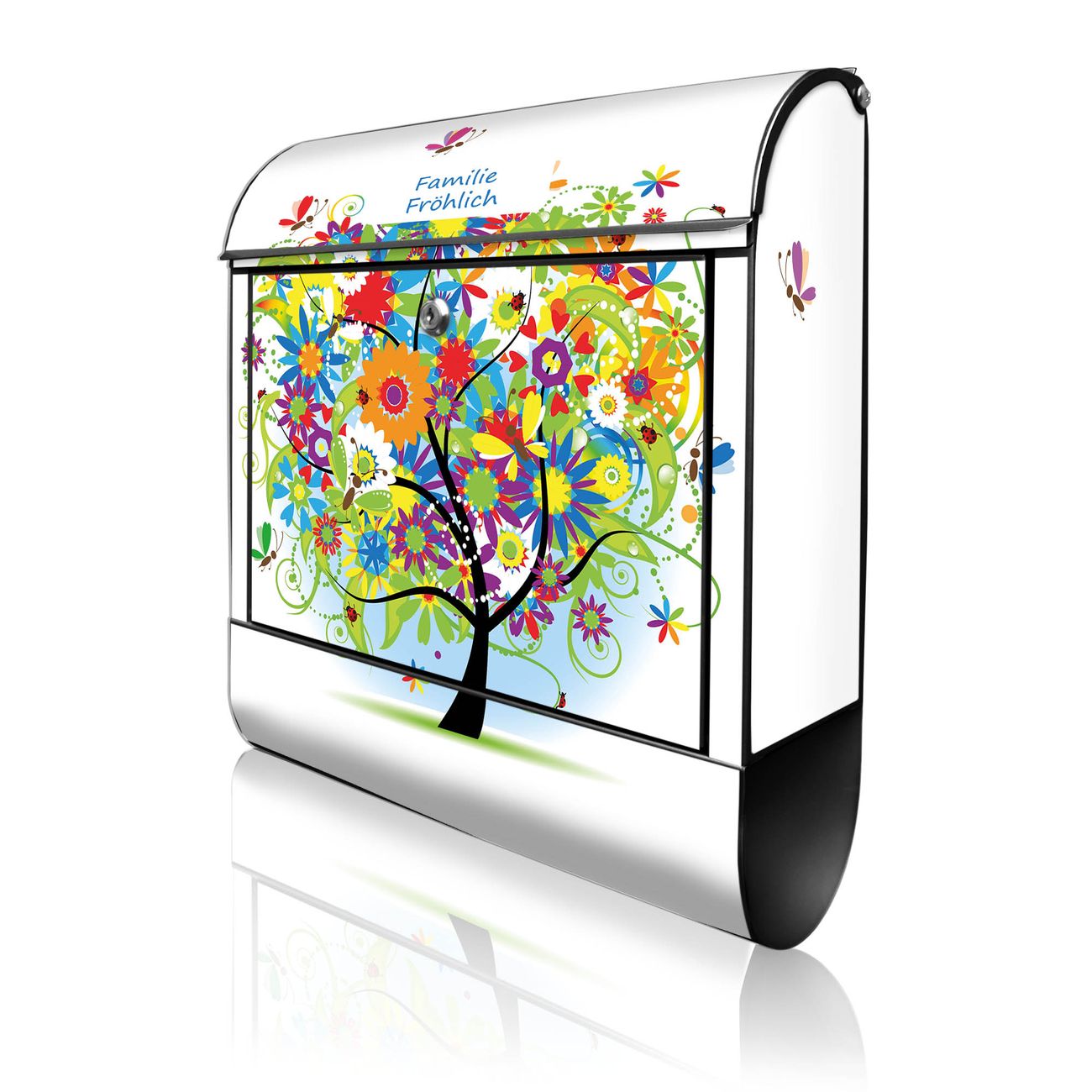 banjado Briefkasten schwarz mit Hausnummer und Motiv Märchenzauberbaum 38x47x13cm - mit Zeitungsfach pulverbeschichtet - 2 Schlüssel, Montageanleitung