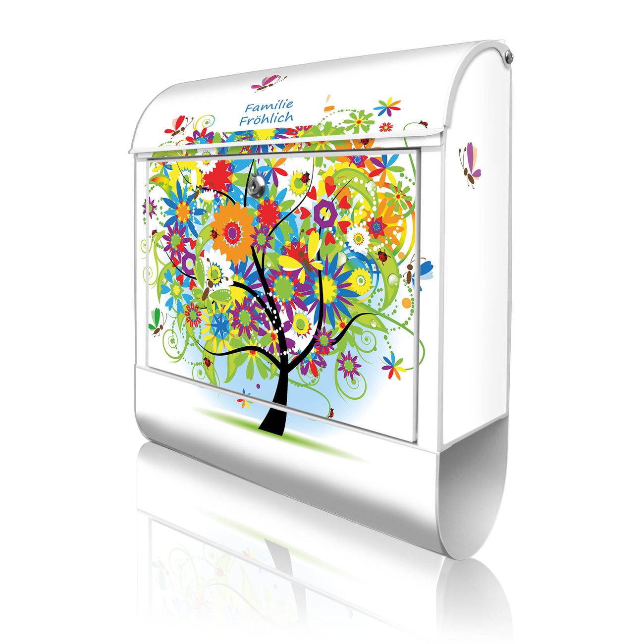 banjado Briefkasten weiß mit Hausnummer und Motiv Märchenzauberbaum 38x47x13cm - mit Zeitungsfach pulverbeschichtet - 2 Schlüssel, Montageanleitung