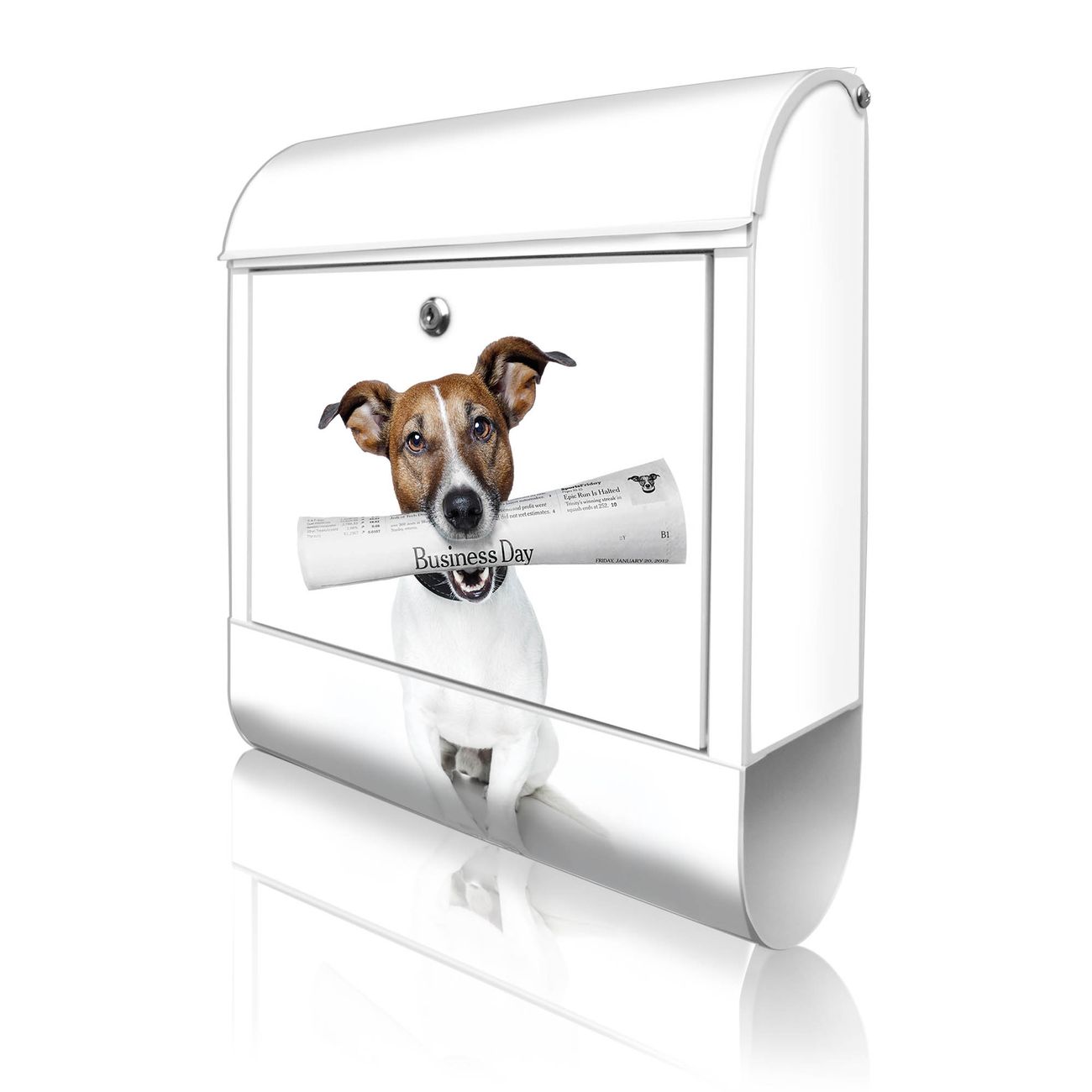 banjado Briefkasten weiß mit Hausnummer und Motiv Business Day 38x47x13cm - mit Zeitungsfach pulverbeschichtet - 2 Schlüssel, Montageanleitung